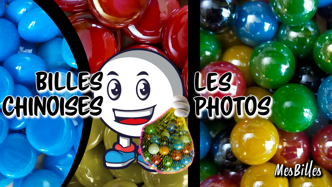 Montaje de fotos de canicas chinas planas y de colores, procedentes de pedidos personalizados.