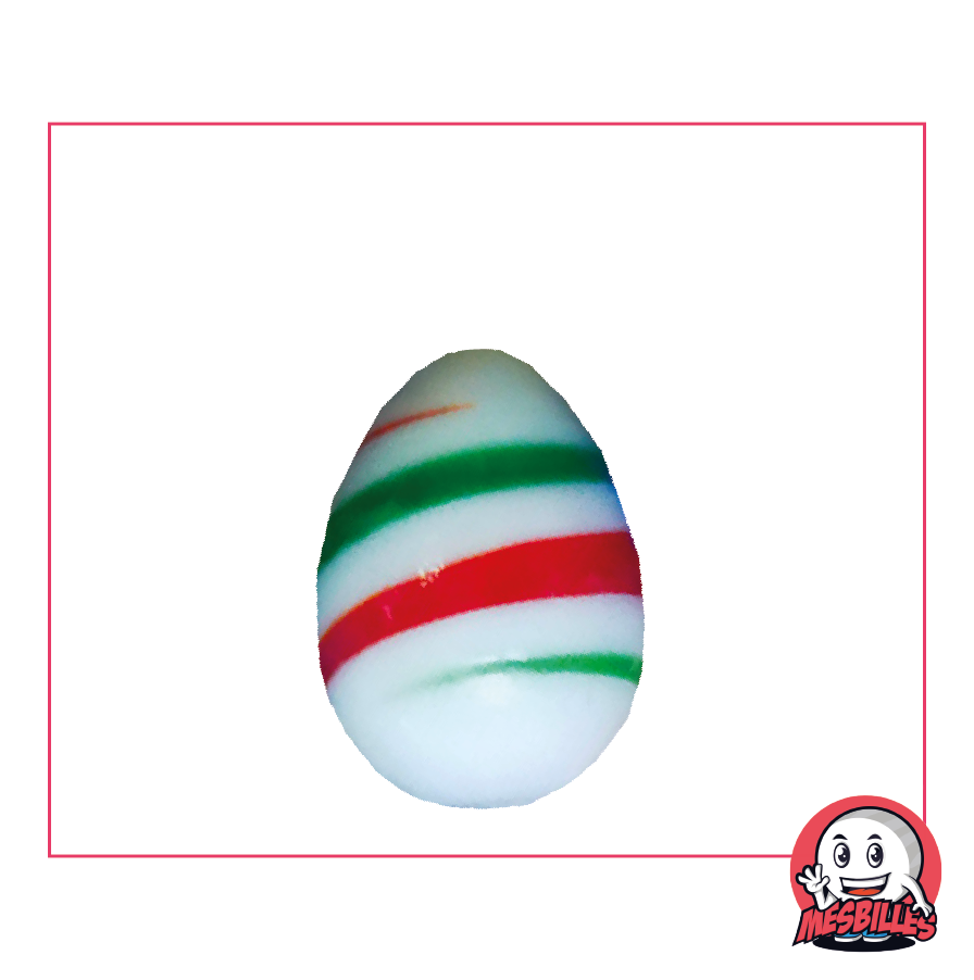 Canica Huevo MesBilles, forma distintiva, cristal opaco blanco con rayas rojas y verdes, 25 mm