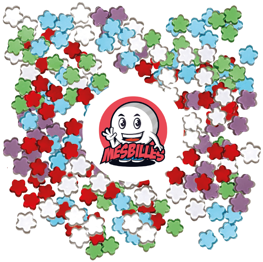 Imagen de la mascota MisCanicas rodeada de canicas Extraplanas Flor en cristal translúcido rojo - MisCanicas