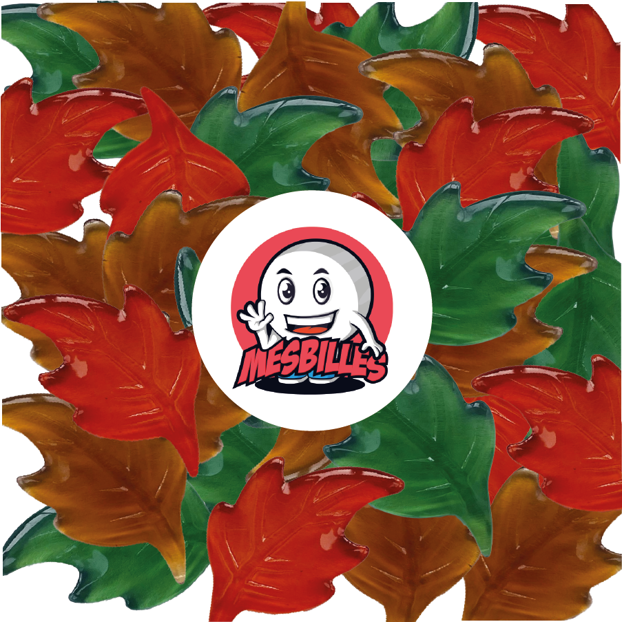 Imagen de la mascota MisCanicas rodeada de Canicas Extraplanas Hoja Ámbar de Vidrio Translúcido - Decoración, Juego y Colección - MisCanicas