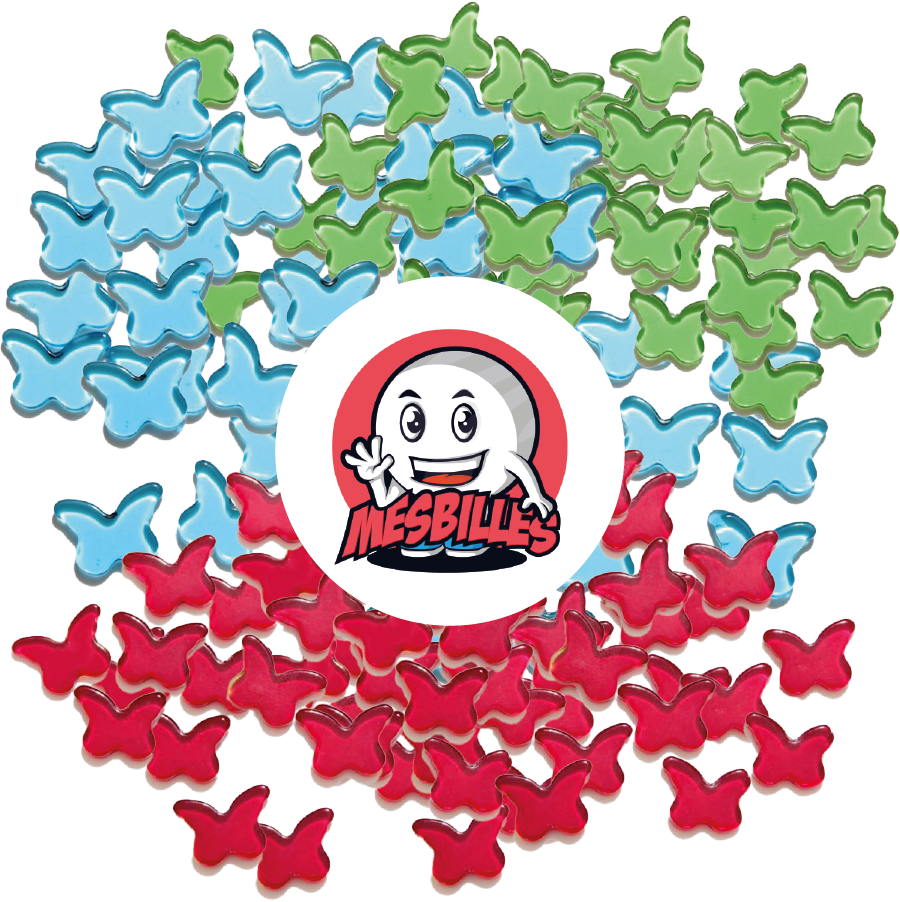 Imagen de la mascota MisCanicas rodeada de Canicas Extraplanas Mariposa de Vidrio Translúcido Rojo - MisCanicas