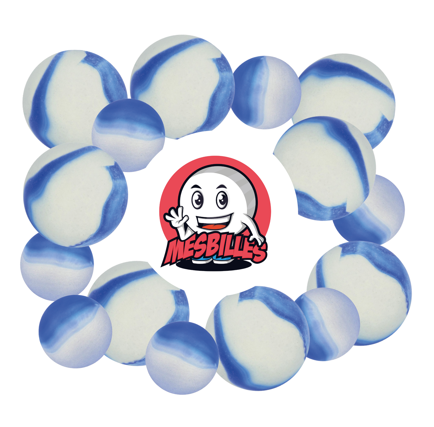 Imagen de la mascota MisCanicas rodeada de Canicas Esmeriladas - Canica de vidrio Esmerilada con rayas azules 14 mm MisCanicas