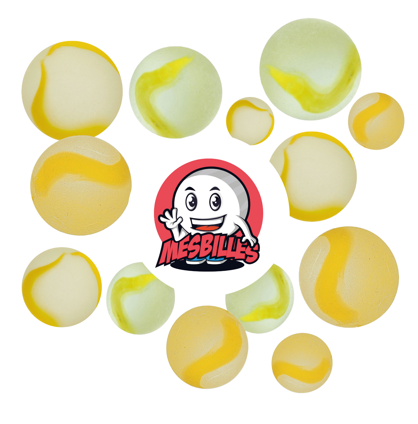 Imagen de la mascota MisCanicas rodeada de Canicas Esmeriladas - Canica de vidrio Esmerilada con rayas amarillas 14 mm MisCanicas
