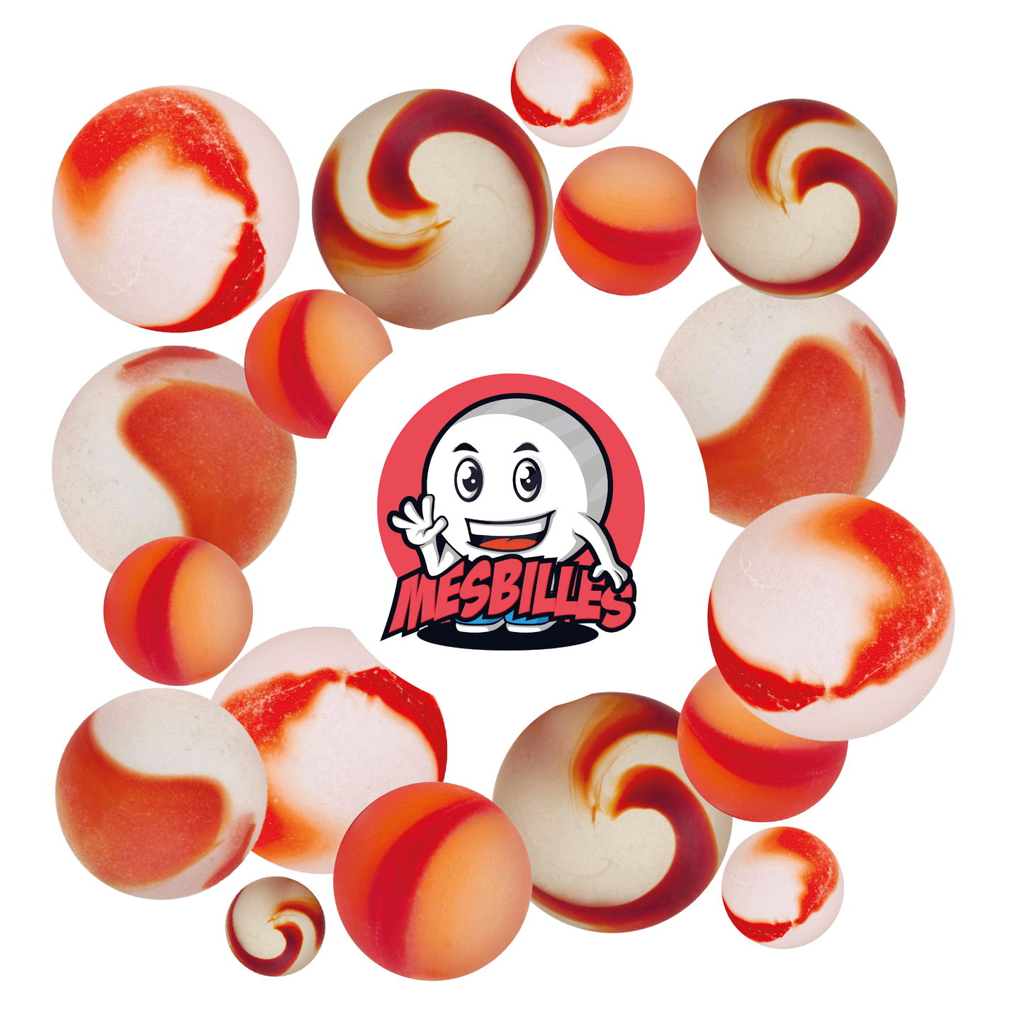Imagen de la mascota MisCanicas rodeada de Canicas Esmeriladas - Canica de vidrio Esmerilada con rayas rojas 16 mm MisCanicas