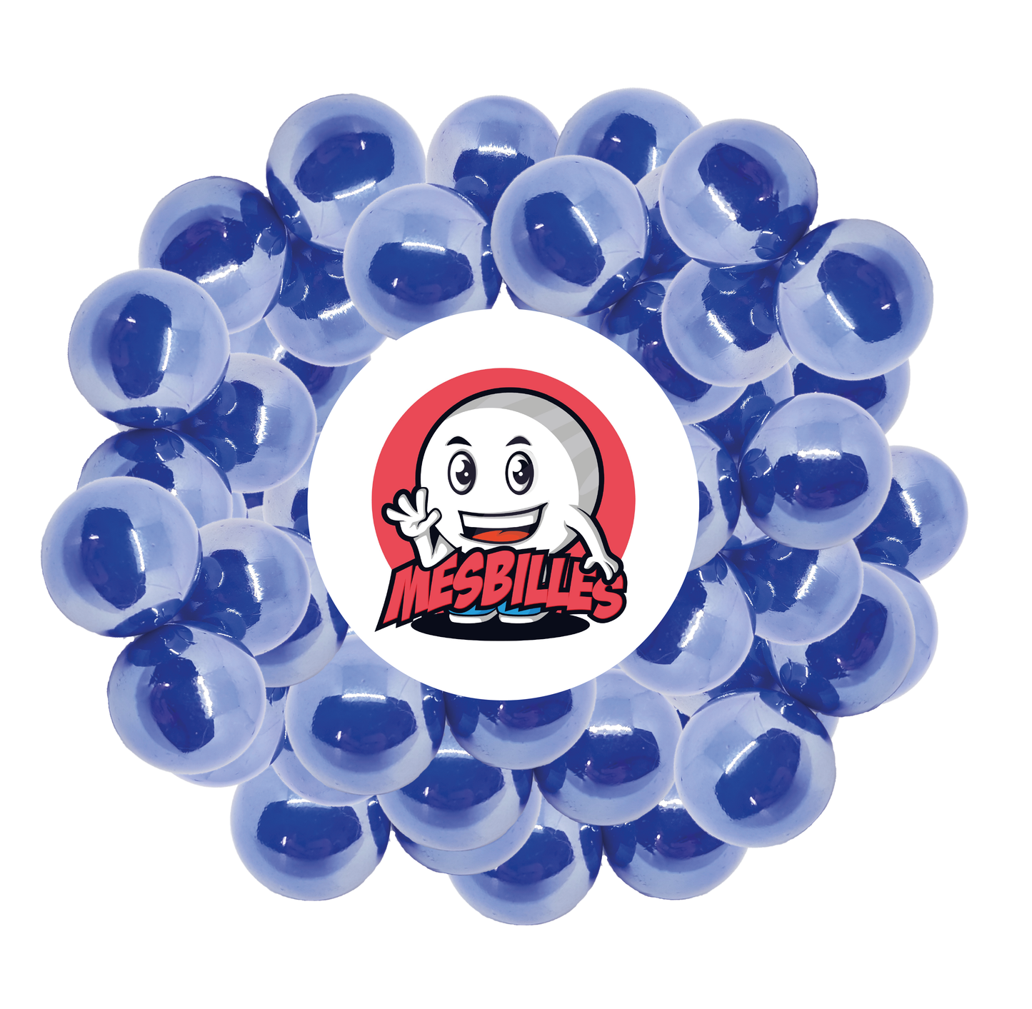 Imagen de la mascota MisCanicas rodeada de Canicas Brillantes 16 mm - Vidrio Opaque y Brillante Azul Perlado - MisCanicas