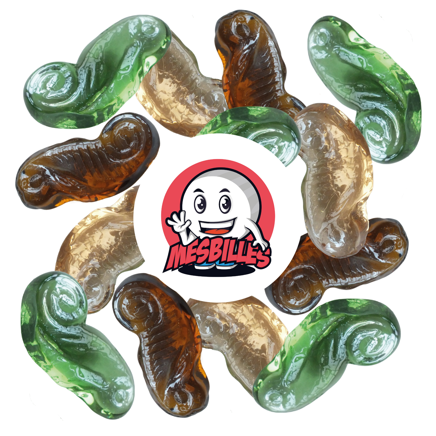 Conjunto de canicas Hippocampe en vidrio – Ámbar, Melocotón y Verde, canicas con forma de caballitos de mar estilizados - MesBilles