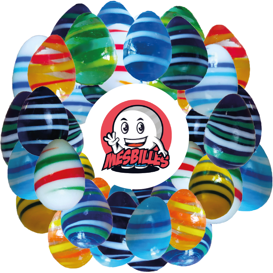 Imagen de la mascota MisCanicas rodeada de Canicas Huevo MisCanicas, ola oceánica, vidrio opaco azul claro rayado de blanco y azul, 25 mmCanicas Huevo MisCanicas, ola oceánica, vidrio opaco azul claro rayado de blanco y azul, 25 mm