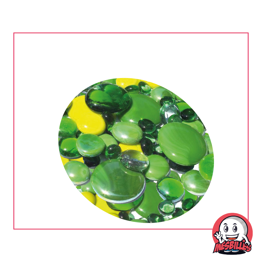 250 gr de Canicas planas en verde, verde limón y cristal, opacas y brillantes