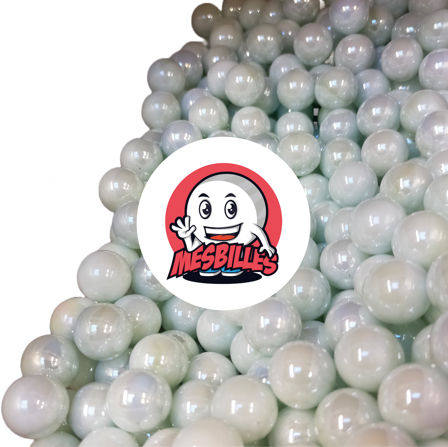 Imagen de la mascota MisCanicas rodeada de canicas Brillantes opacas nacaradas blancas 16 mm