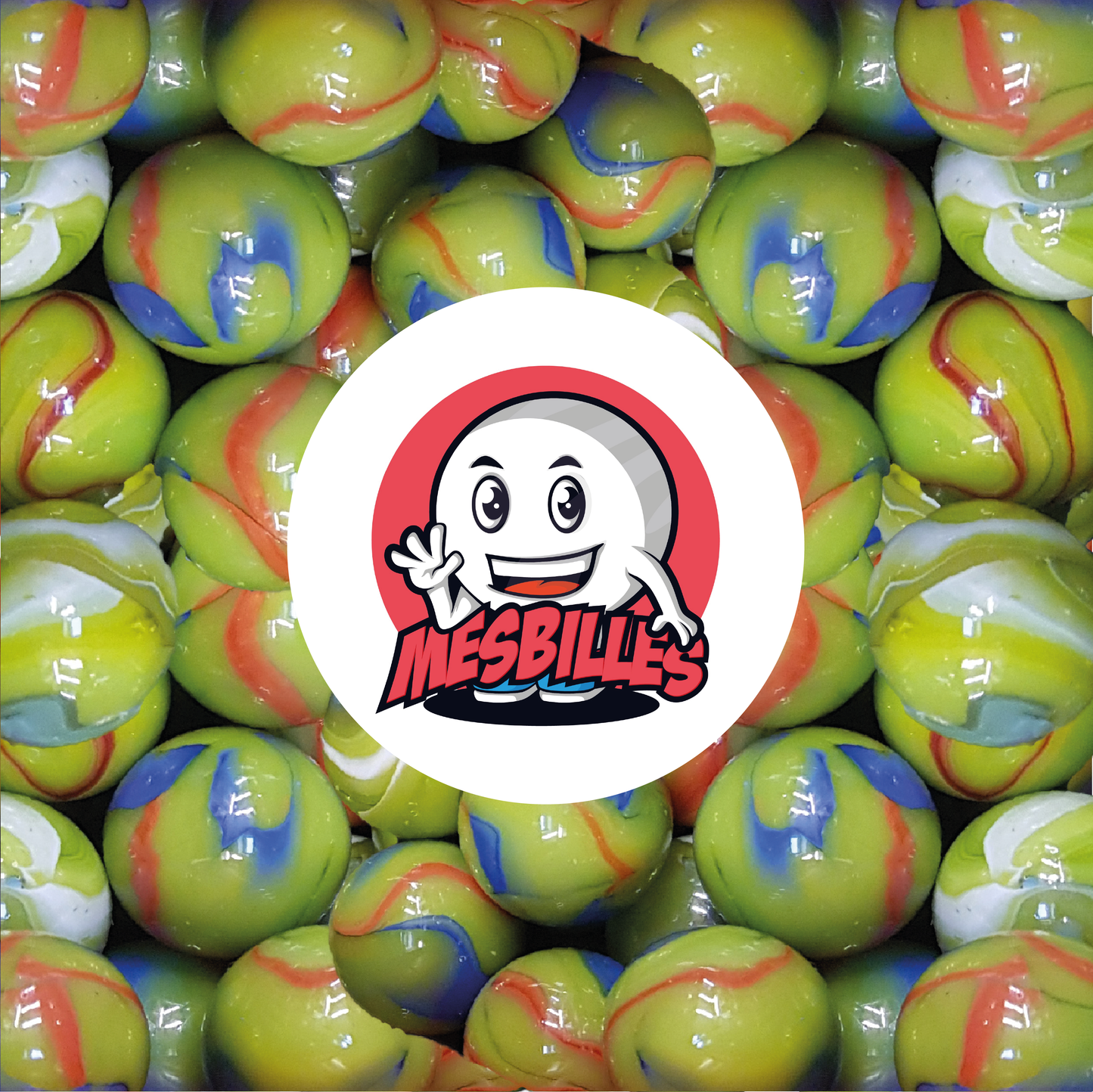 Imagen de la mascota MisCanicas rodeada de Canicas Impresionista 14 mm Verde Rojo Azul
