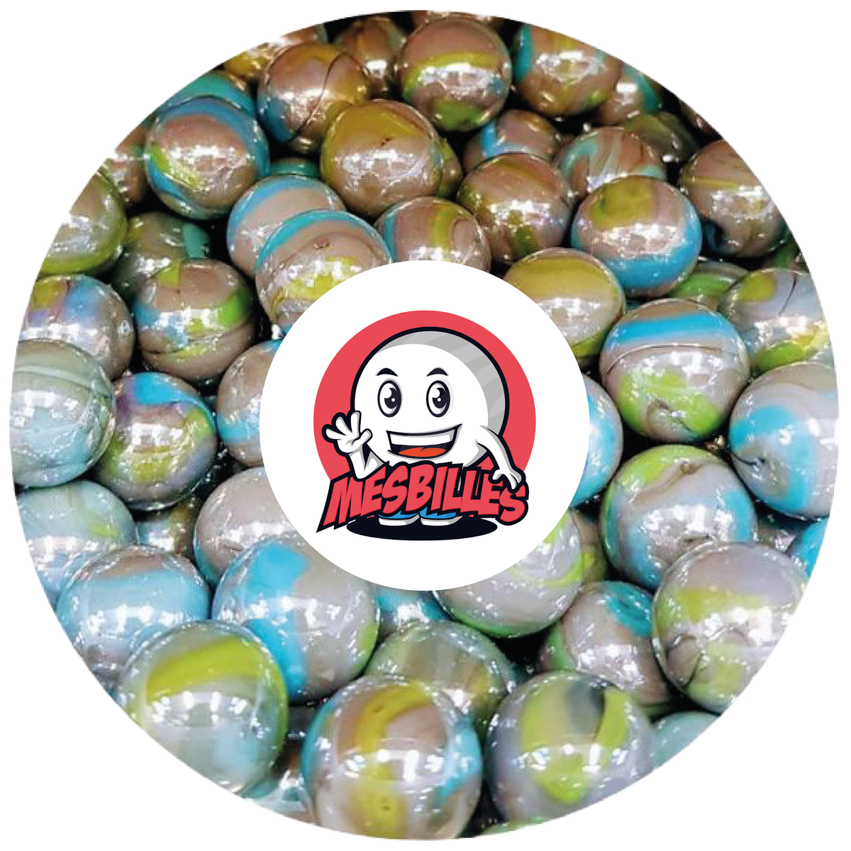 Imagen de la mascota MisCanicas rodeada de canicas Otrame opacas y brillantes de color nacarado 14 mm