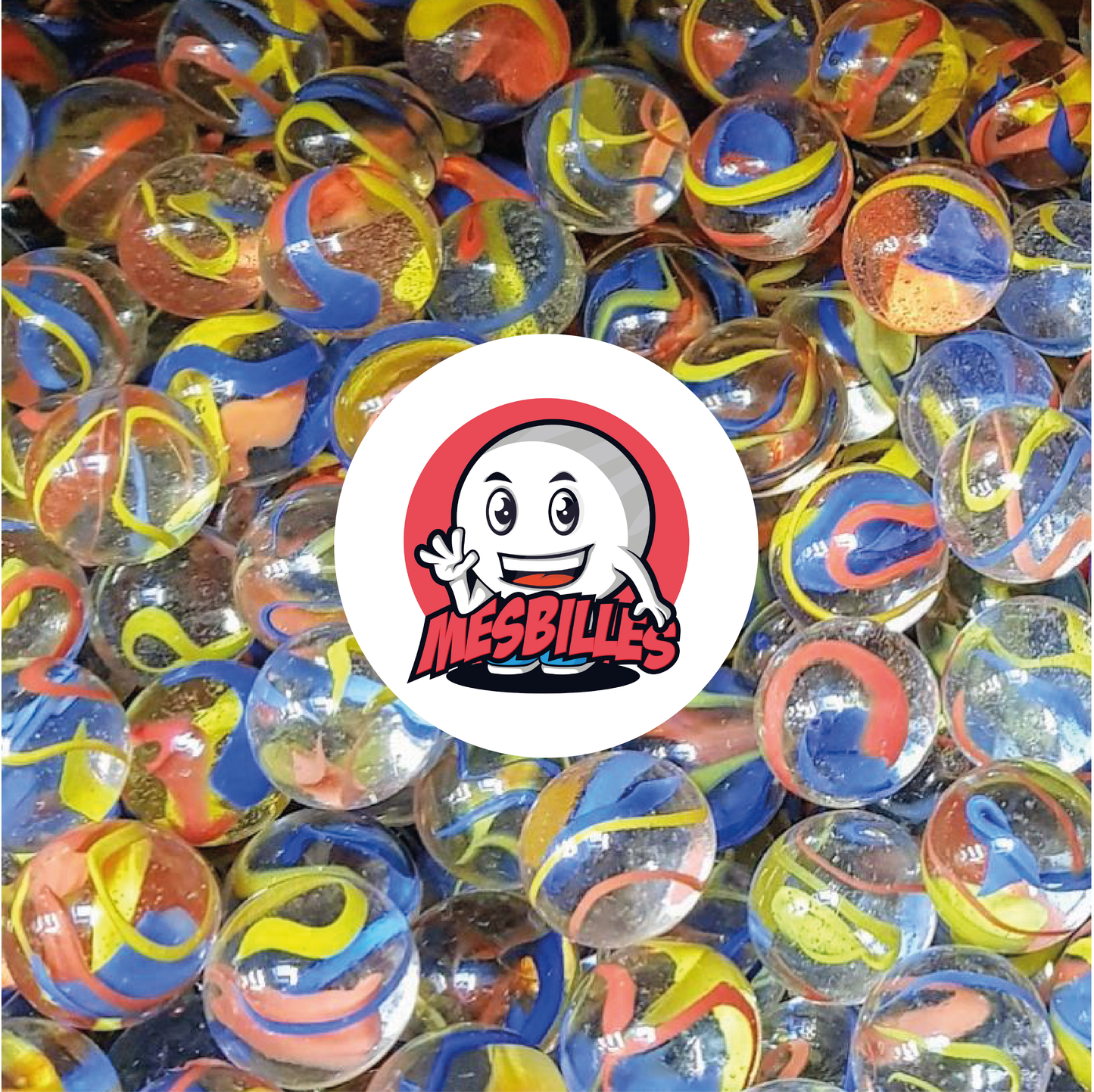 Canicas Fusion de colores rojo, amarillo y azul en vidrio transparente - Imagen de la mascota MisCanicas rodeada de canicas Perroquet de 16 mm