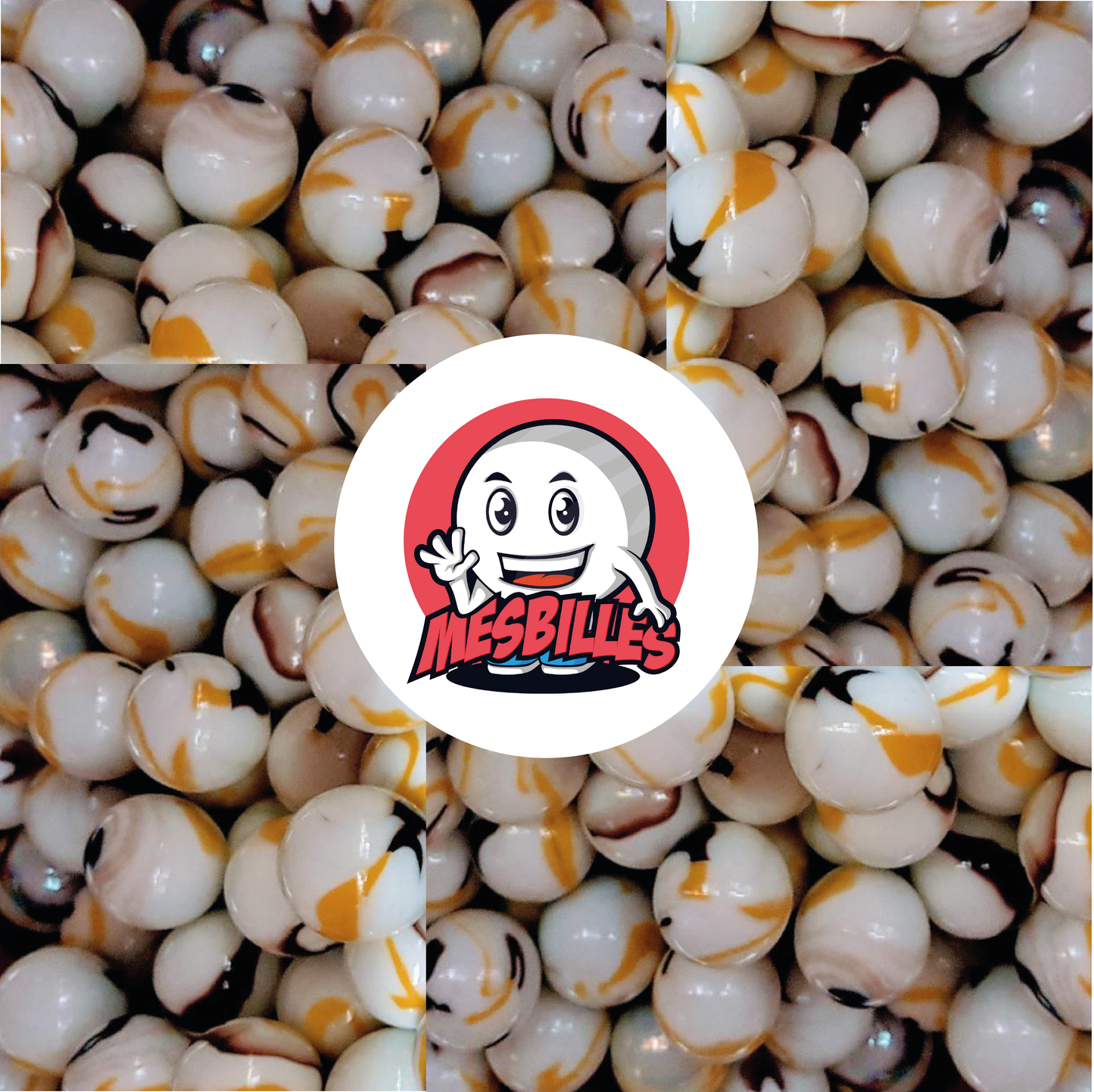 Imagen de la mascota MisCanicas rodeada de canicas tigre amarillo opaco de color blanco con rayas amarillas y marrones de 25 mm