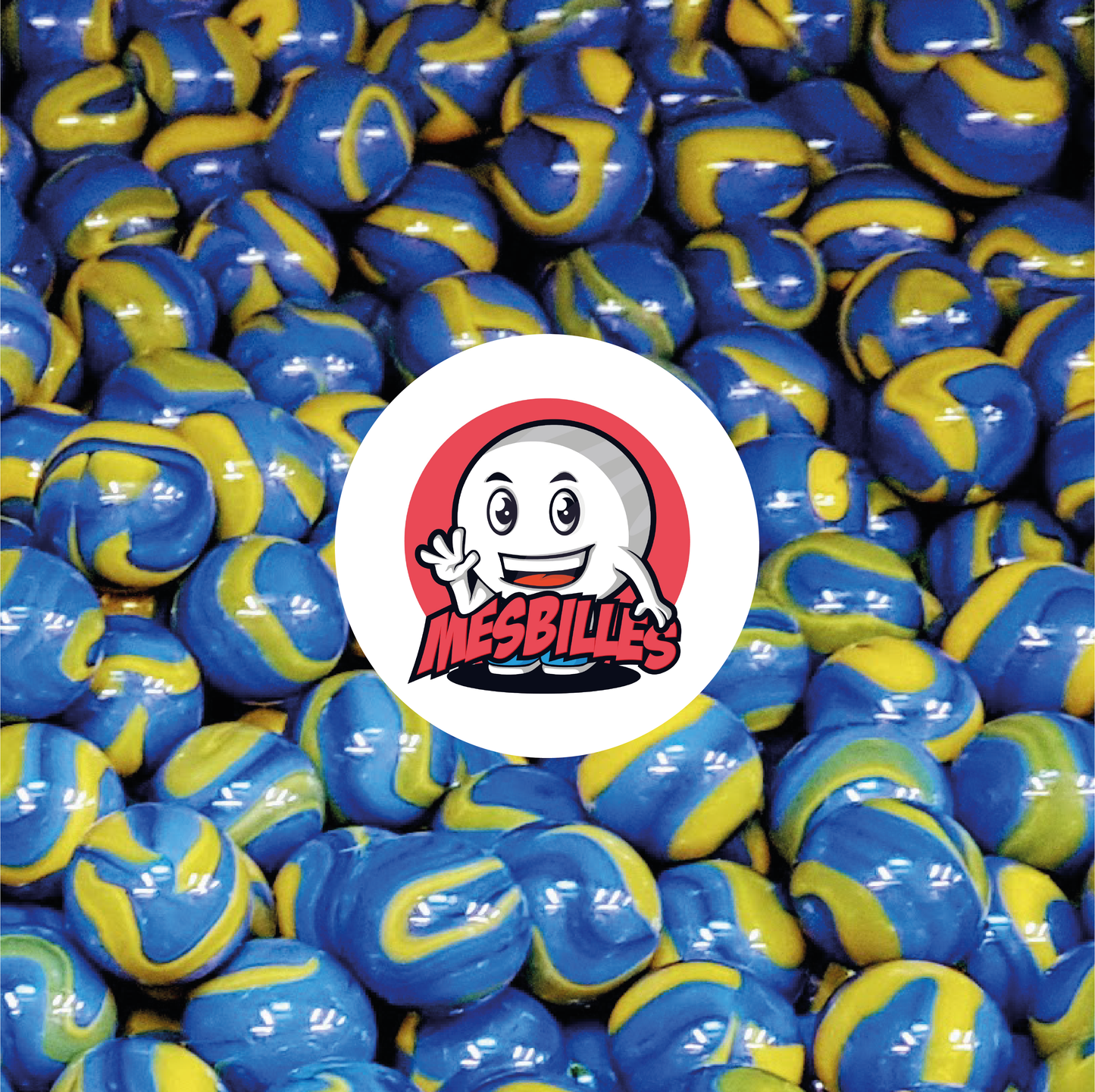 Imagen de la mascota MisCanicas rodeada de canicas Van_Gogh de 22 mm en vidrio opaco blanco con manchas negras