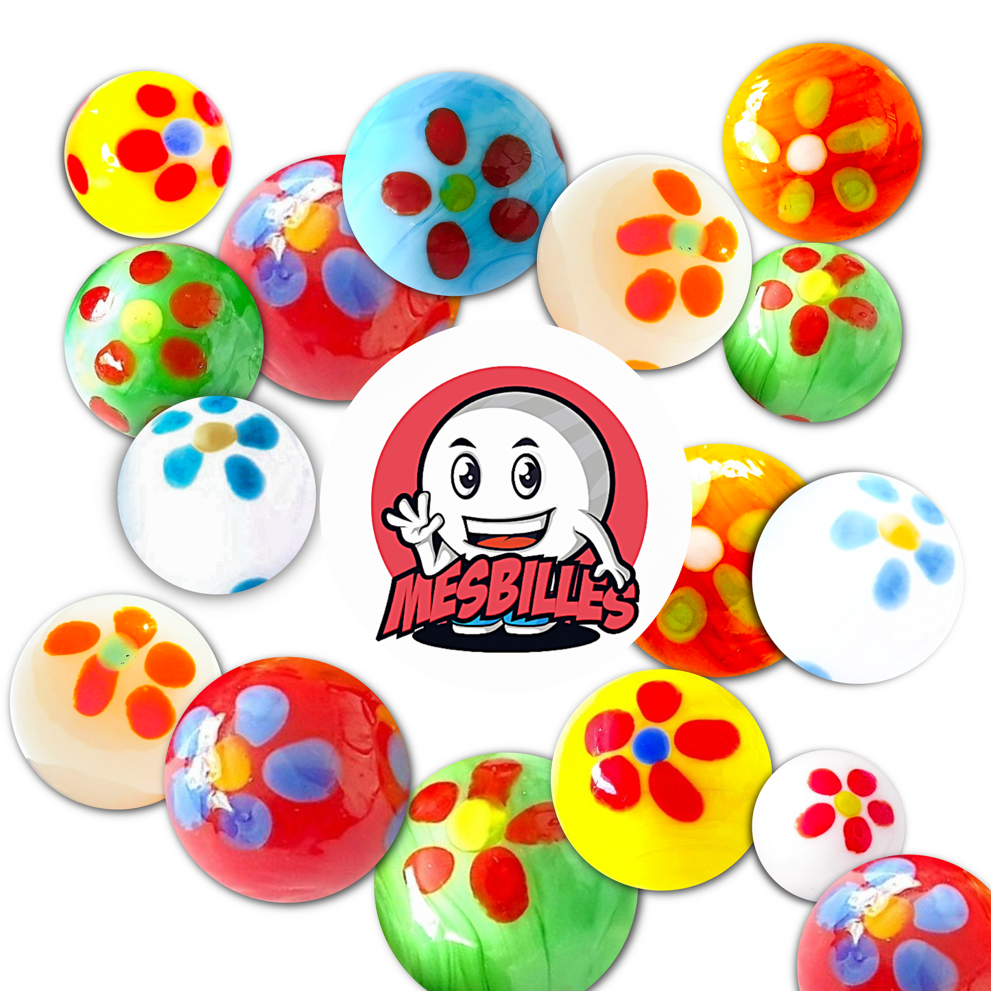 Logotipo MisCanicas en canicas Pájaro Rojo 16 mm, canicas artesanales.
