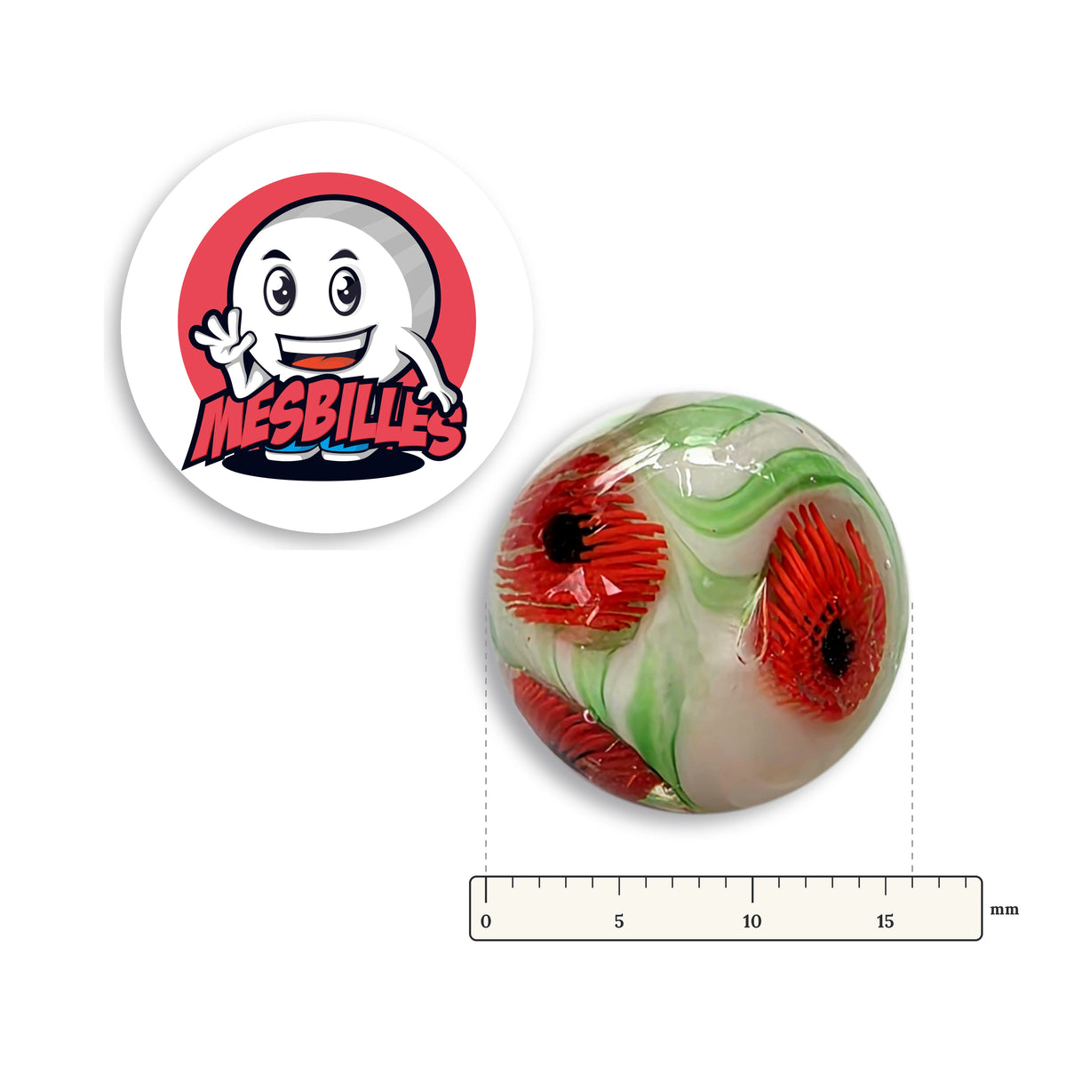 Bille Art Coquelicot 16 mm à côté d'une règle graduée, 16 mm de diamètre