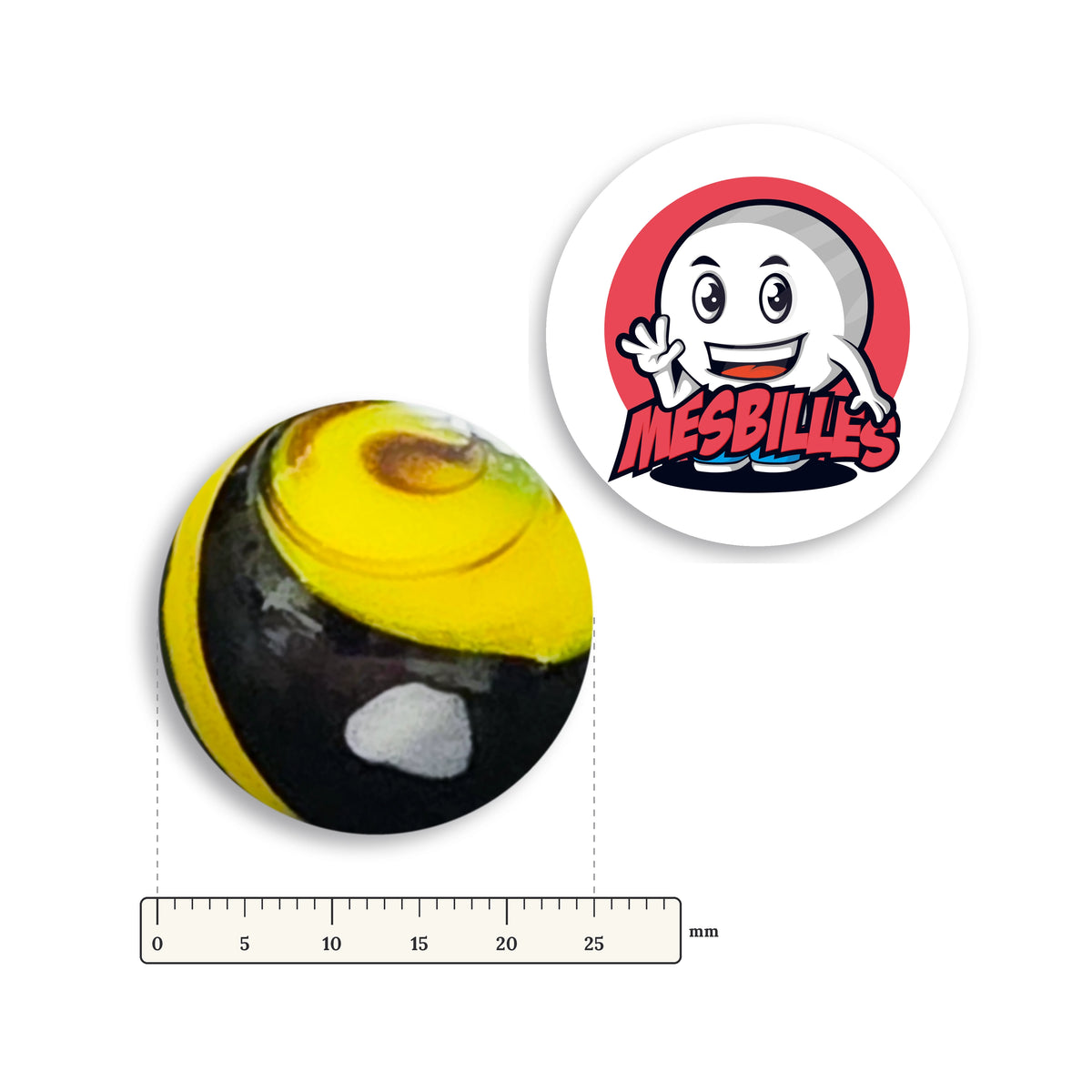 Bille Big-Bang Jaune et Noir 25 mm Collector à côté d'une règle graduée, 25 mm de diamètre