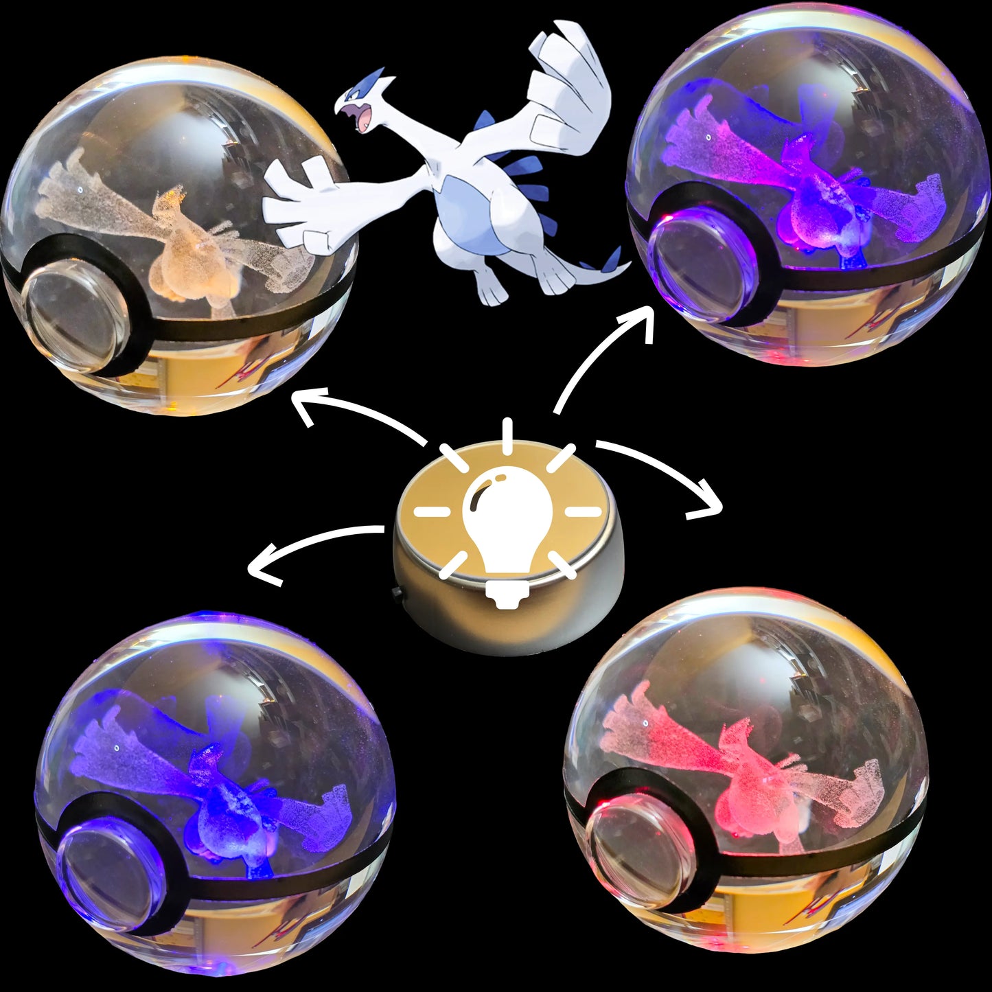 Grande bille transparente avec motif 3D « Lugia » au centre, effet lumineux : pour collection et amoureux des beaux objets