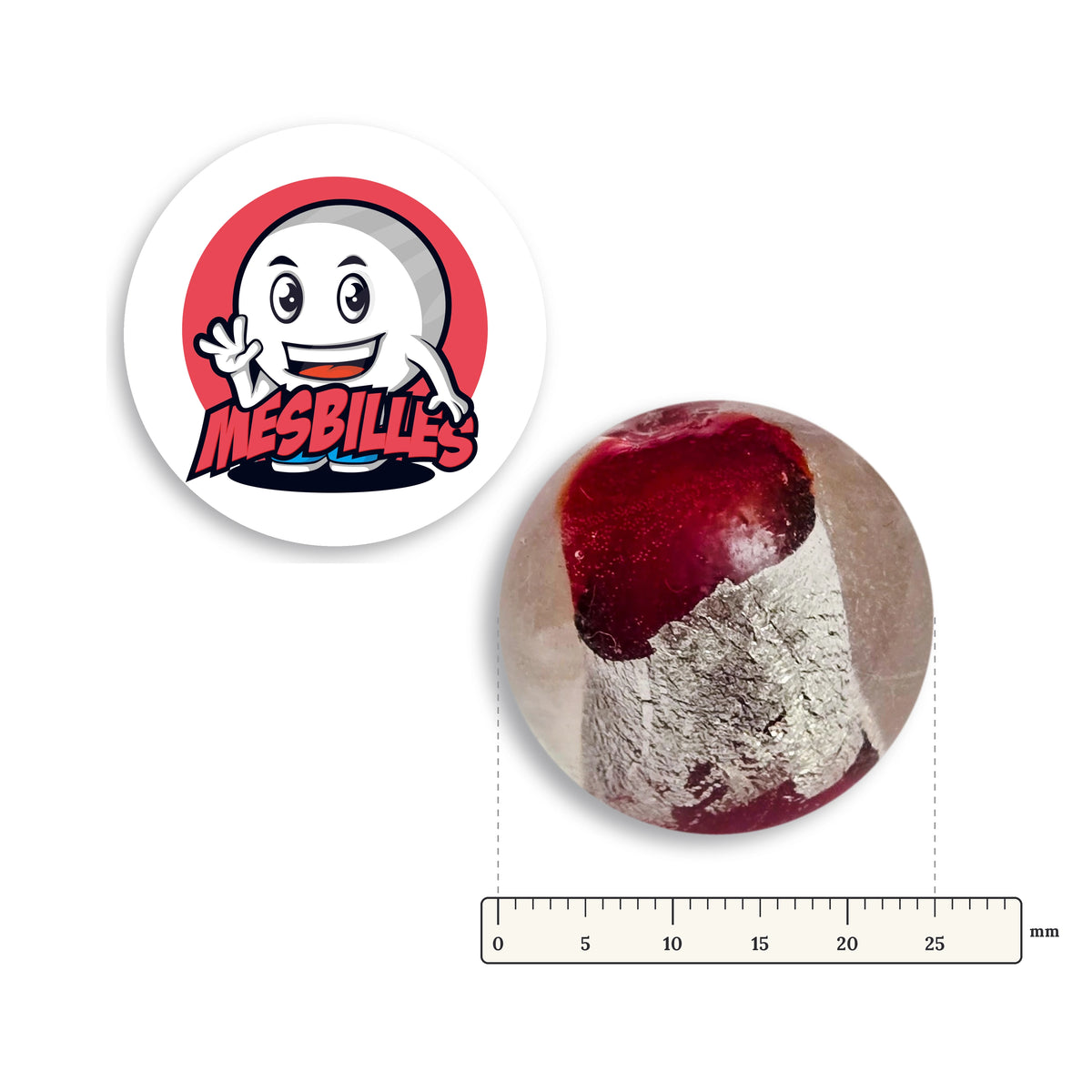 Bille Planète Rouge 25 mm Collector à côté d'une règle graduée, 25 mm de diamètre