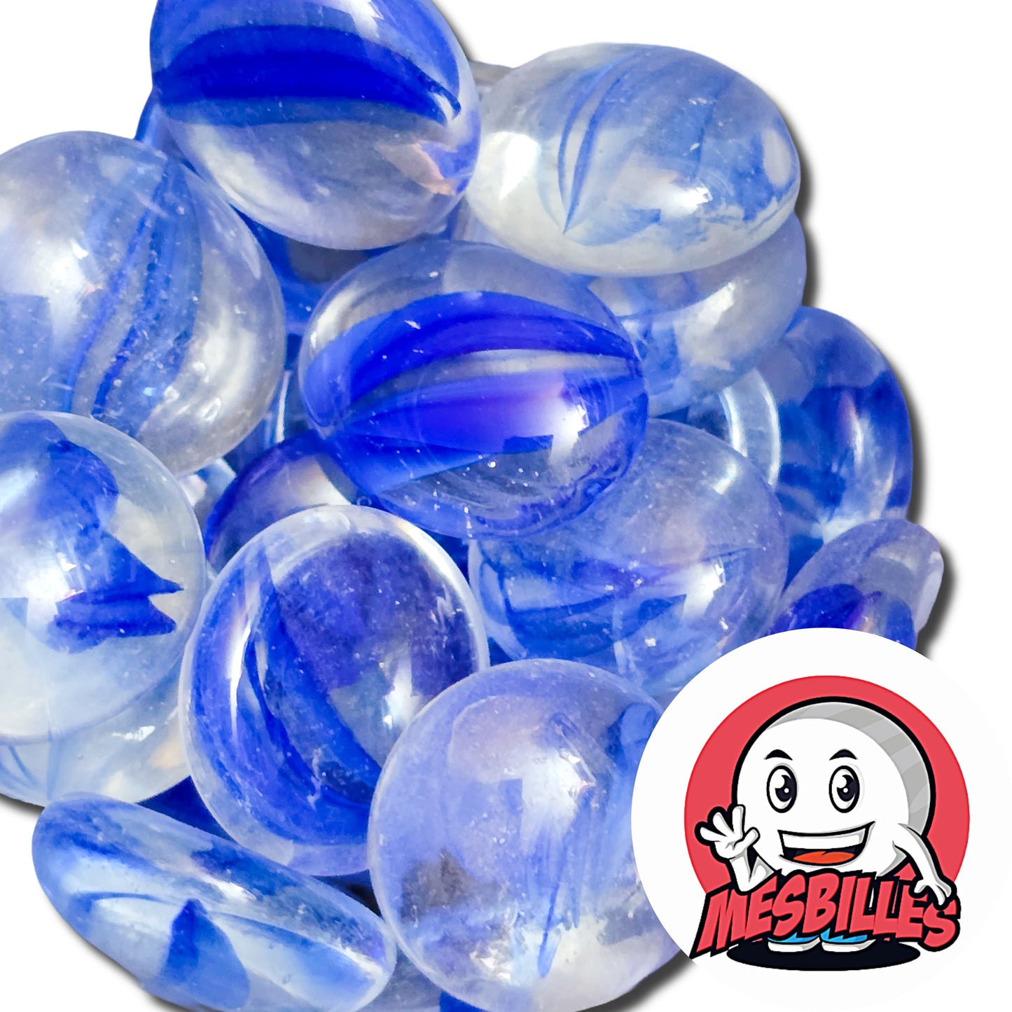 Dans la Grande Famille des Billes Froissé, il y a la Bille Plate en verre Translucide Strié de Couleur Bleu.