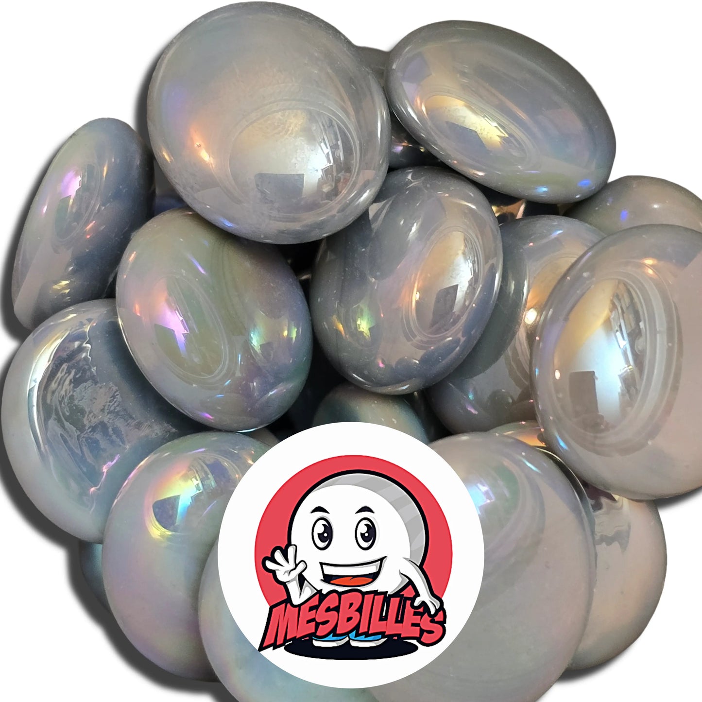 Dans la Grande Famille des Billes Glossys, il y a la Bille Plate en verre Opaque et Gris Brillant.