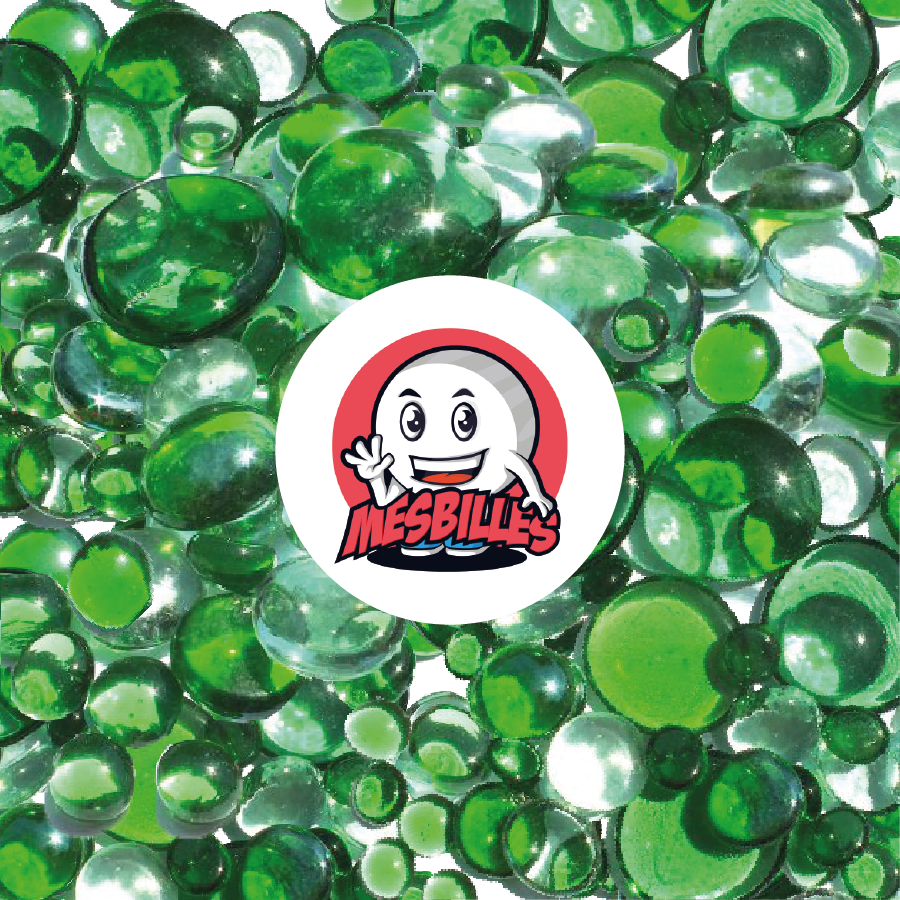 Mascota MisCanicas - 500 g de canicas planas verdes y cristal translúcidas variadas