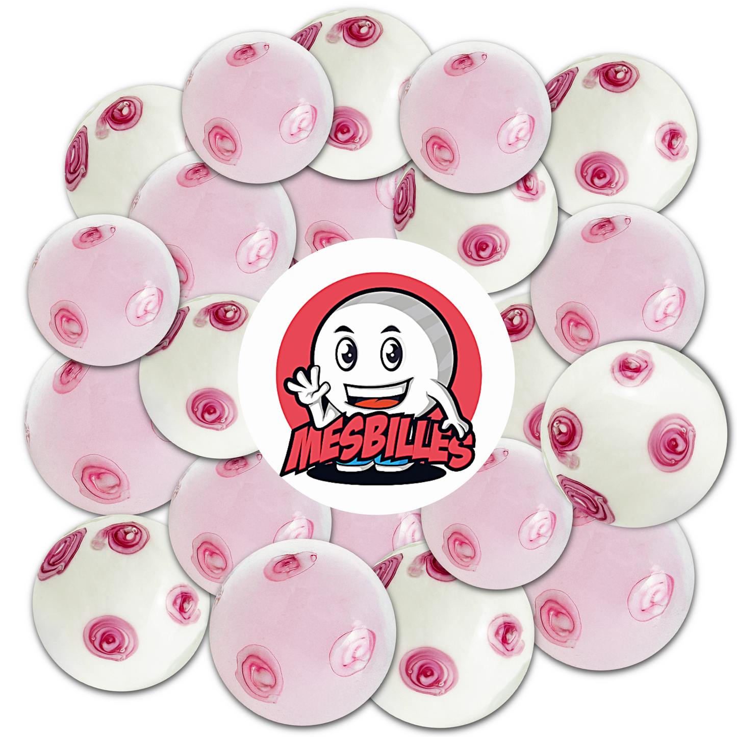 Mascota MisCanicas colocada sobre canicas de vidrio artesanal de 16 mm con fondo rosa adornado con delicadas flores rosas, que evocan la frágil poesía de los cerezos en flor.