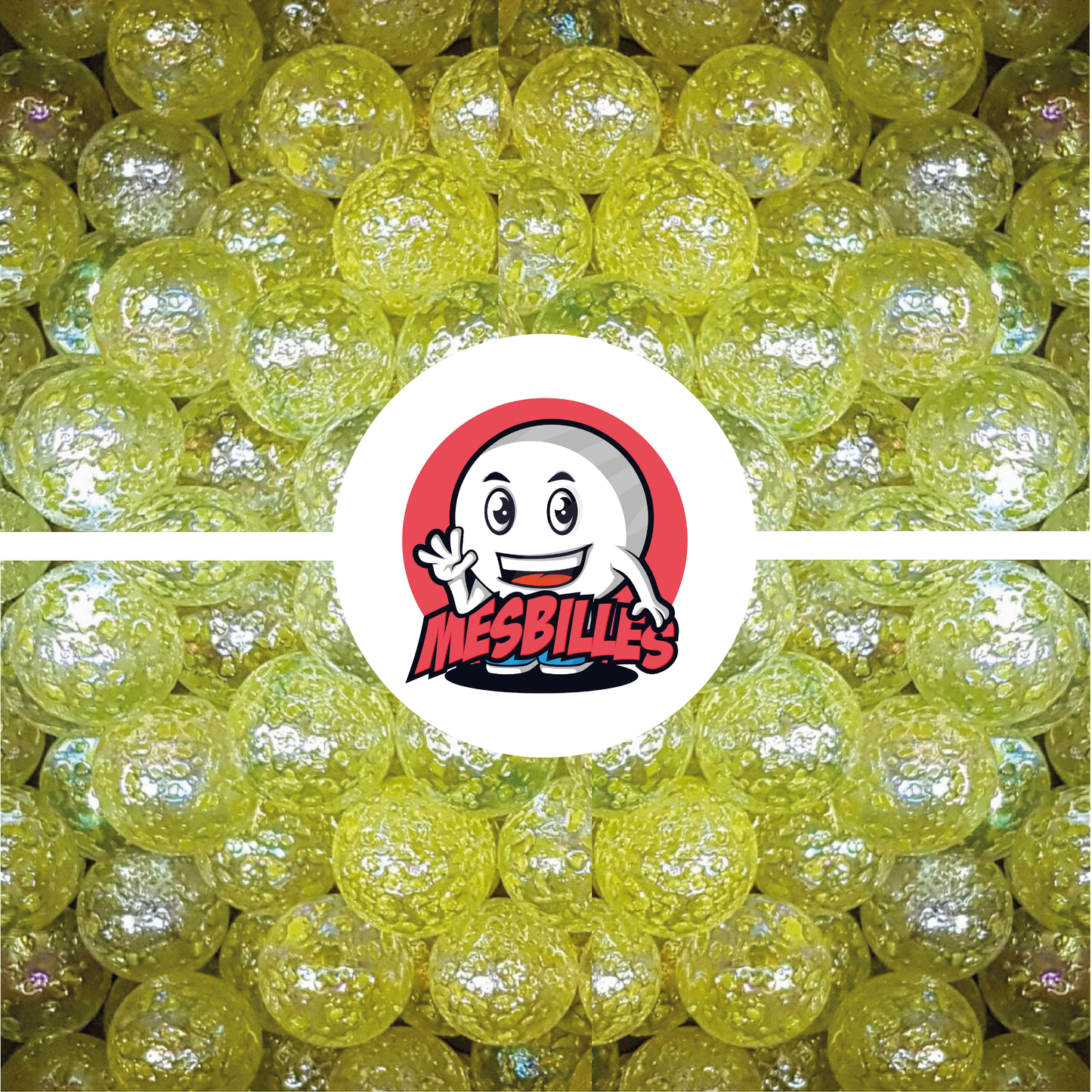 Imagen de la mascota MisCanicas rodeada de canicas Pepita de vidrio translúcido con destellos AMARILLO 35 mm