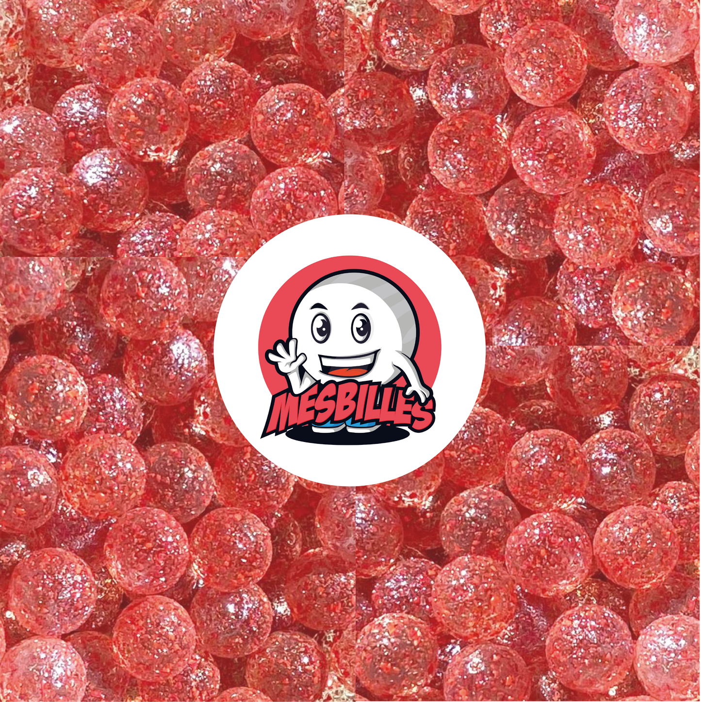 Imagen de la mascota MisCanicas rodeada de canicas Pépite de vidrio translúcido con destellos ROJO 16 mm