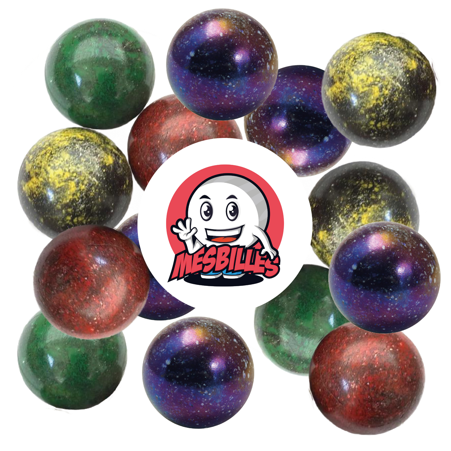 Billes Univers 12 mm qui s'assortissent très facilement avec les Billes de plus Grande Taille et apportent une touche d'originalité à vos Collections de Billes ou vos Décorations d'Intérieur.