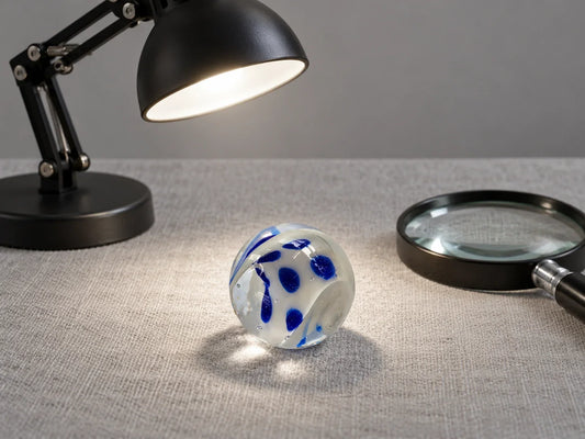 Une bille de verre transparent à cœur blanc tachetée de bleu, posée sur une toile de lin gris perle, sous une lampe articulée noire, à côté d'une loupe à manche posée à plat.