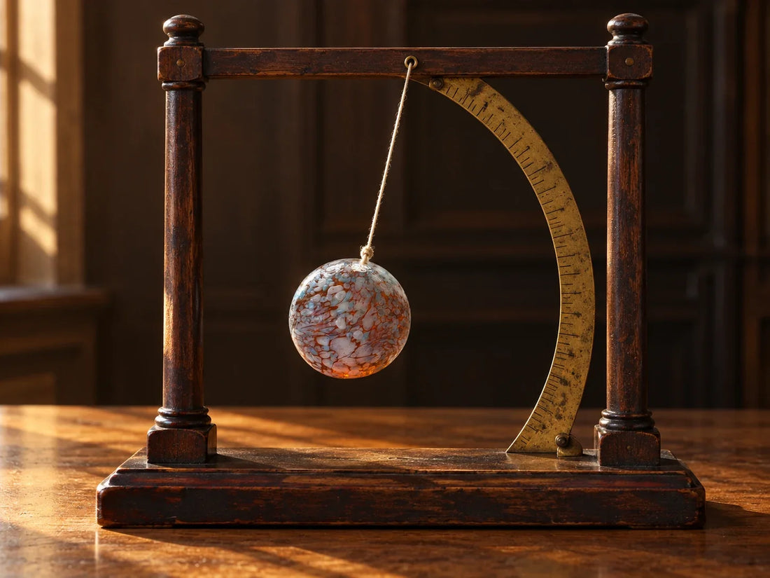 Bille de verre blanche marbrée de rouille et de bleu suspendue à un fil sous un portique en bois sombre, devant un arc gradué en laiton