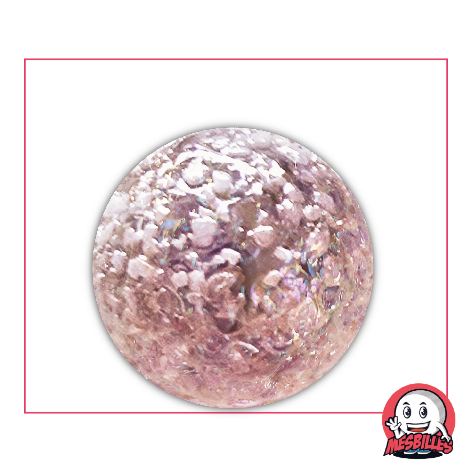 Canica rosa violácea de 35 mm, superficie texturizada y brillante que evoca un antiguo paisaje planetario cubierto de cristales de sílice