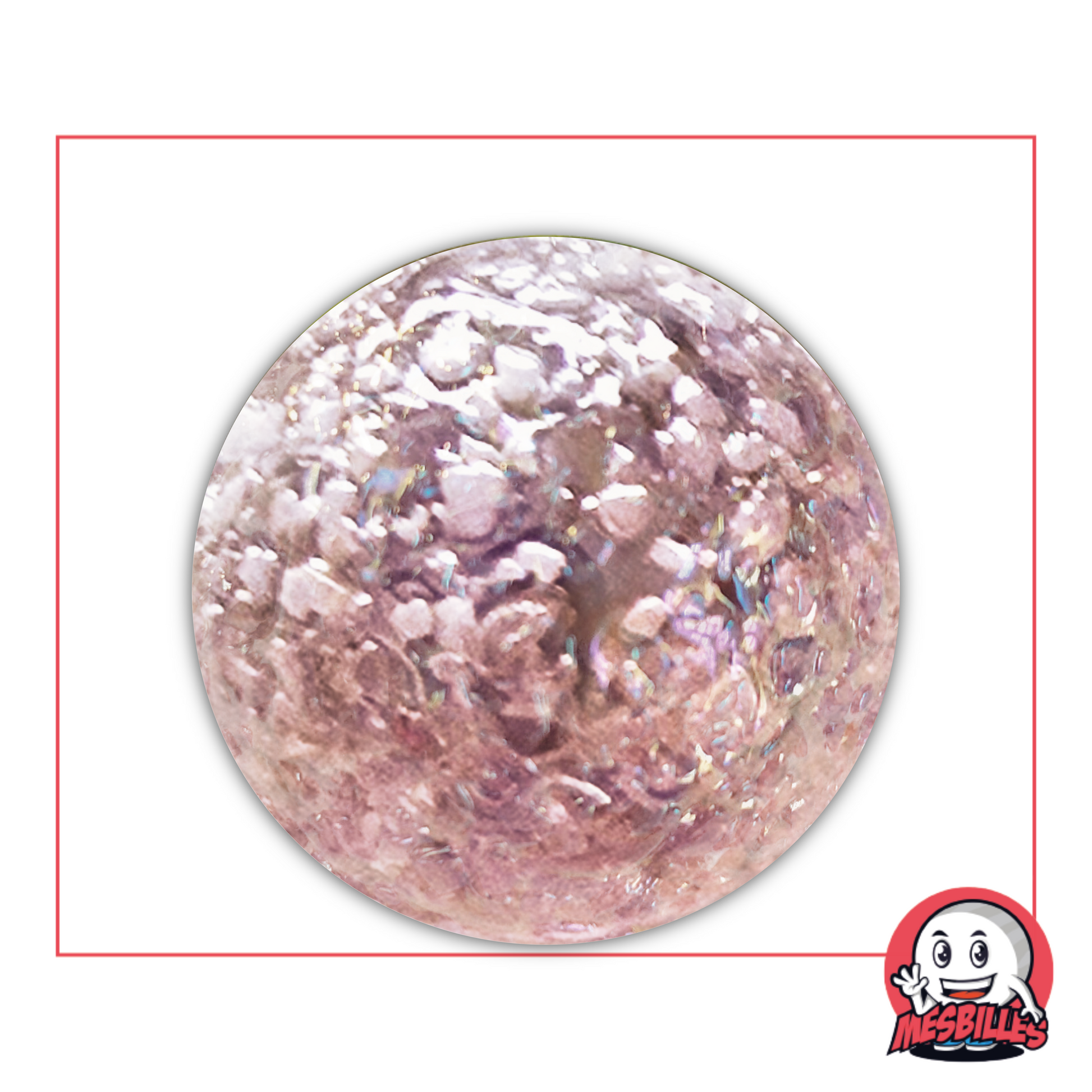 Canica de 50 mm con textura cristalina, tonos rosados nacarados y una superficie que evoca un planeta lejano esculpido por granos de arena interestelar