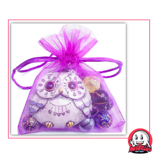 Búho gris de la suerte + 20 canicas mágicas