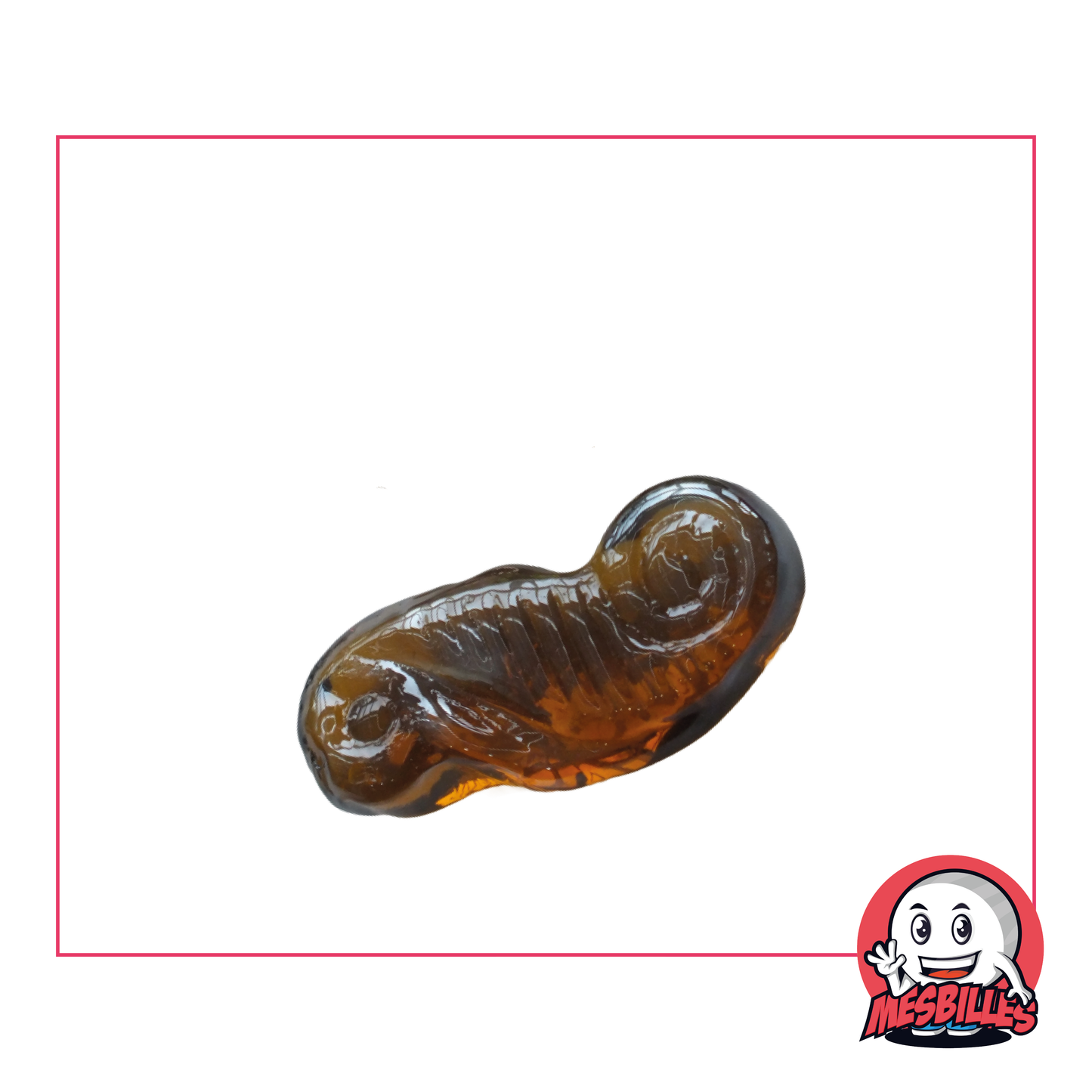 Canica Caballito de mar de cristal ámbar de 30 mm, detalle de un caballito de mar estilizado con reflejos dorados