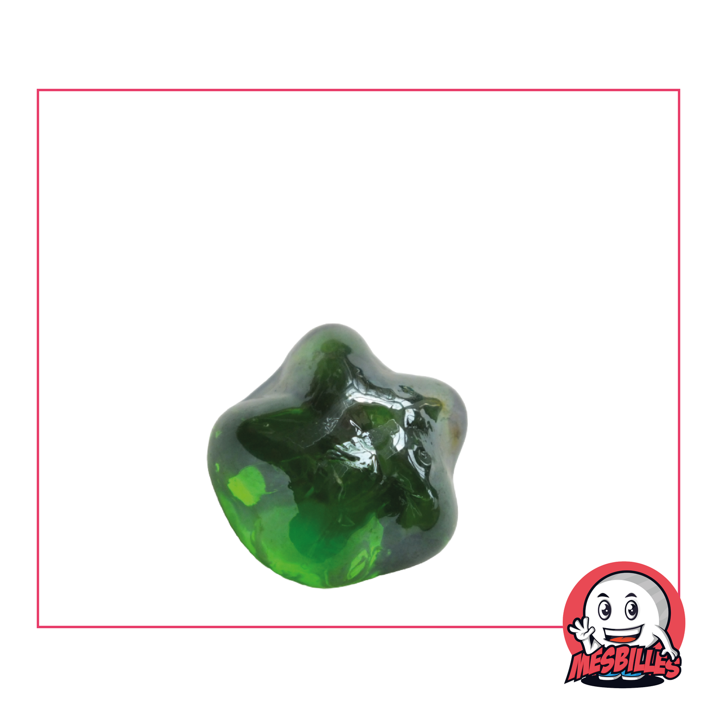 Foto de una Canica Estrella Marina de color Verde translúcido, de forma plana, que mide aproximadamente 30 mm.