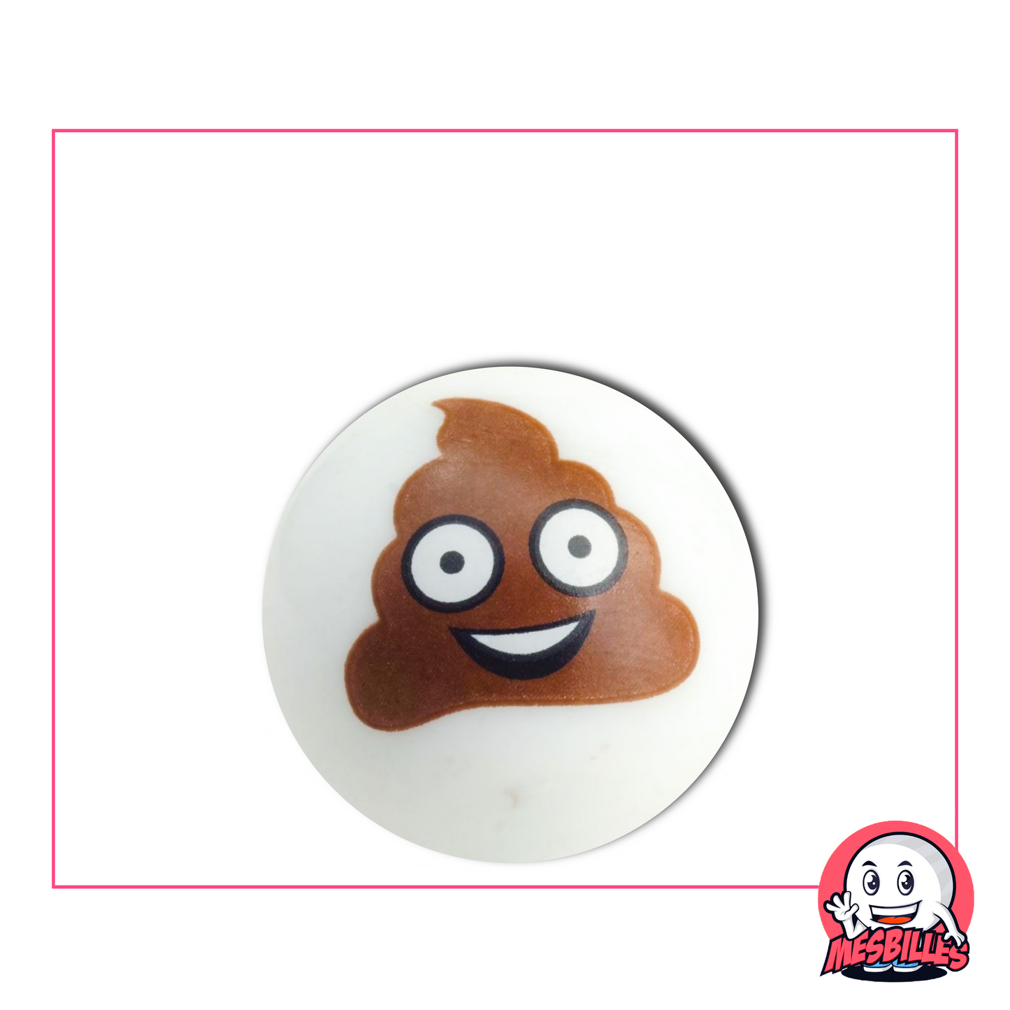 Canica blanca ilustrada con un emoji de caca sonriente con los ojos muy abiertos