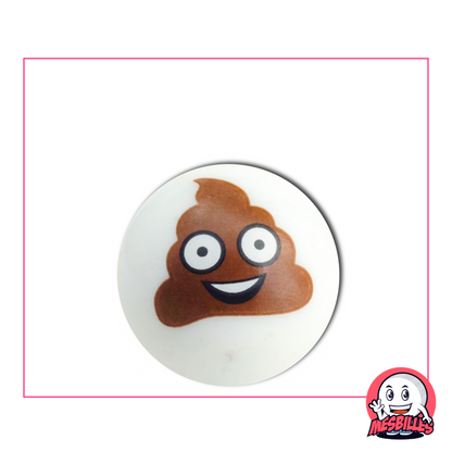 Canica blanca ilustrada con un emoji de caca sonriente con los ojos muy abiertos