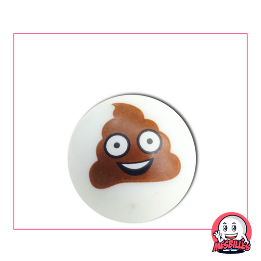 Canica blanca ilustrada con un emoji de caca sonriente con los ojos muy abiertos