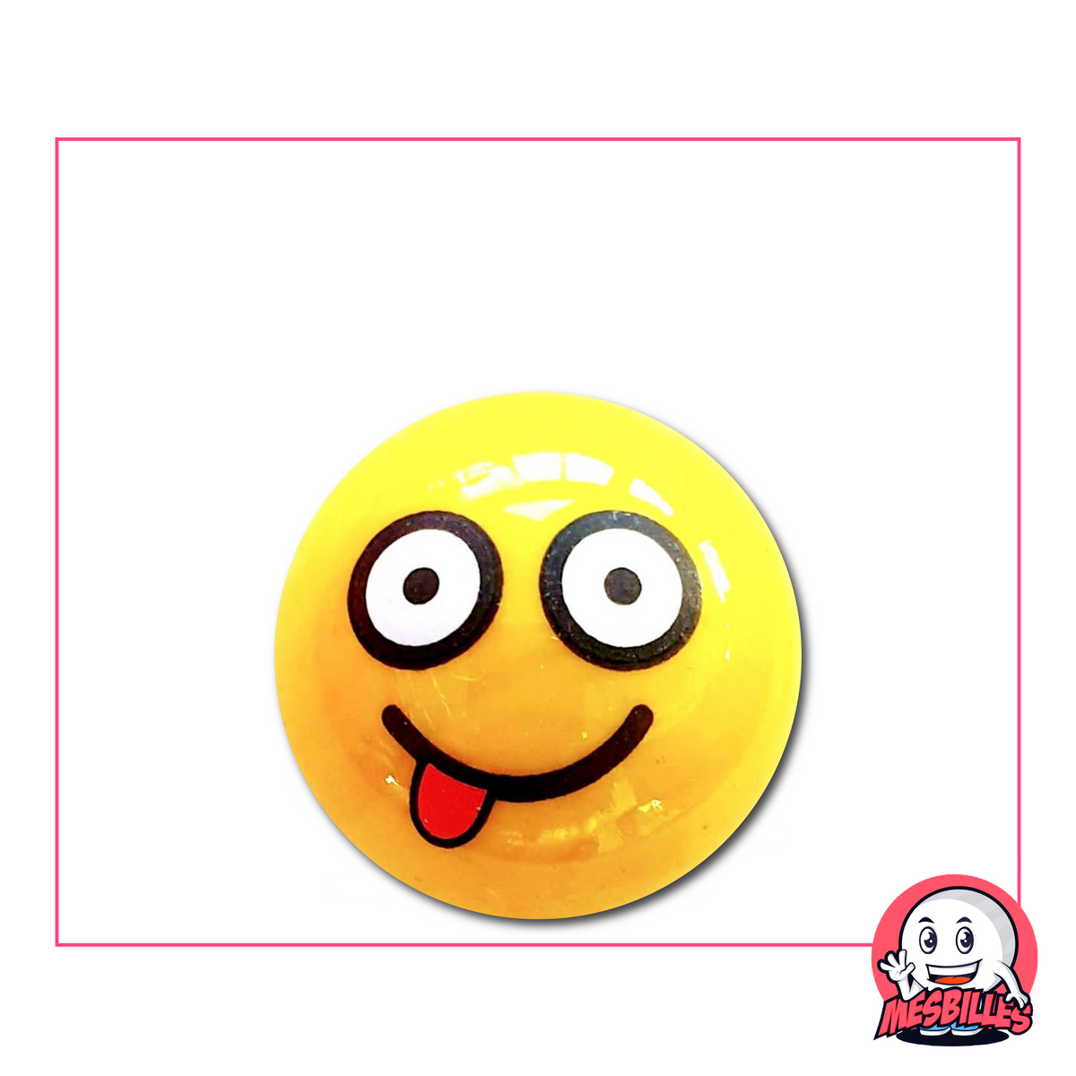 Canica amarilla con smiley travieso sacando la lengua y ojos negros redondos