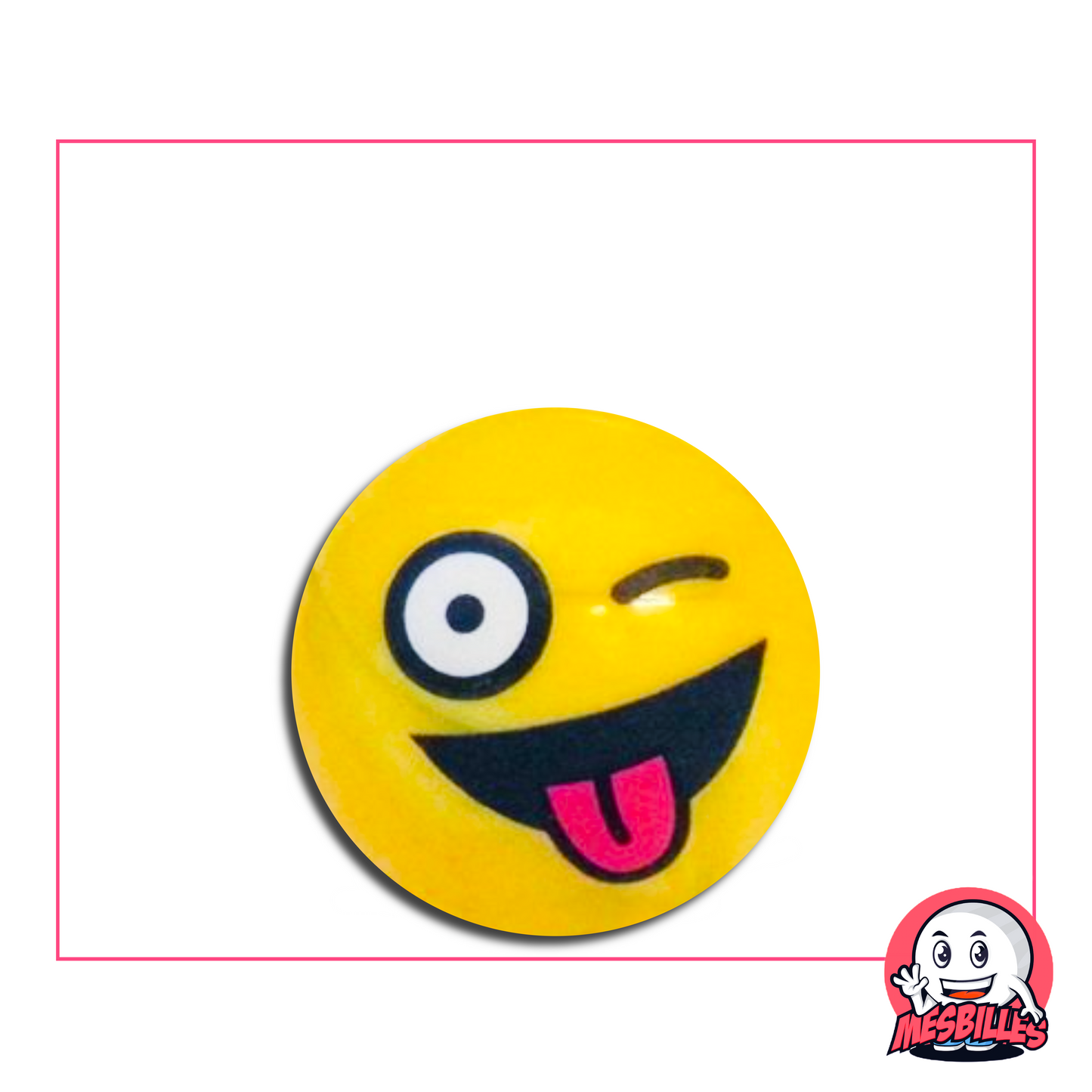 Canica amarilla con un smiley sacando la lengua y guiñando el ojo, estilo caricatura divertida