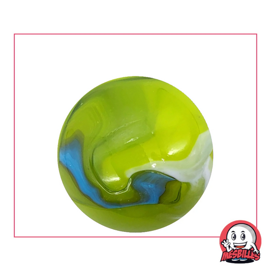 Canica de arte Tigre Verde de cristal de 35 mm, con motivos verdes, azules y blancos que evocan un tigre.