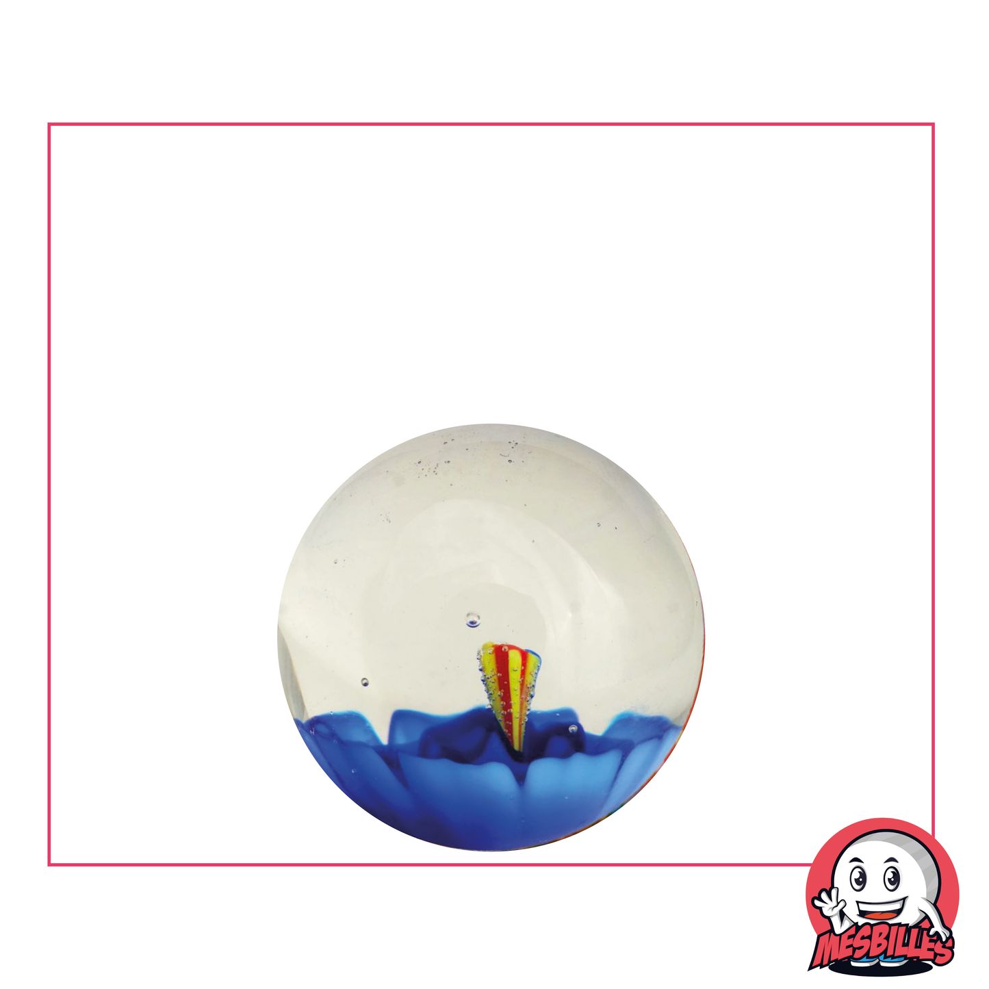 Canica artística con flor 3D, canica de cristal translúcido y gran flor azul en el centro - MisCanicas