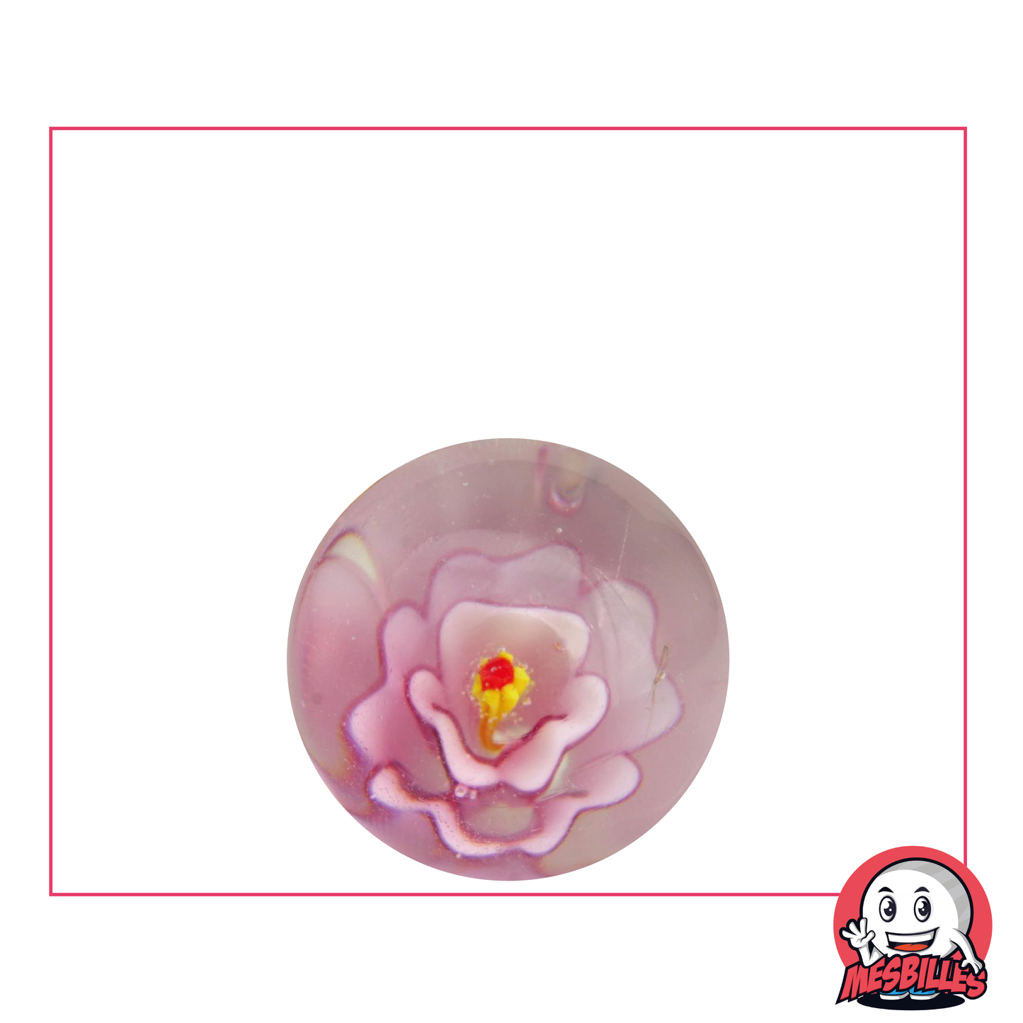 Canica de Arte con Flor Rosa, canica de cristal translúcido con una flor rosa incrustada en el centro