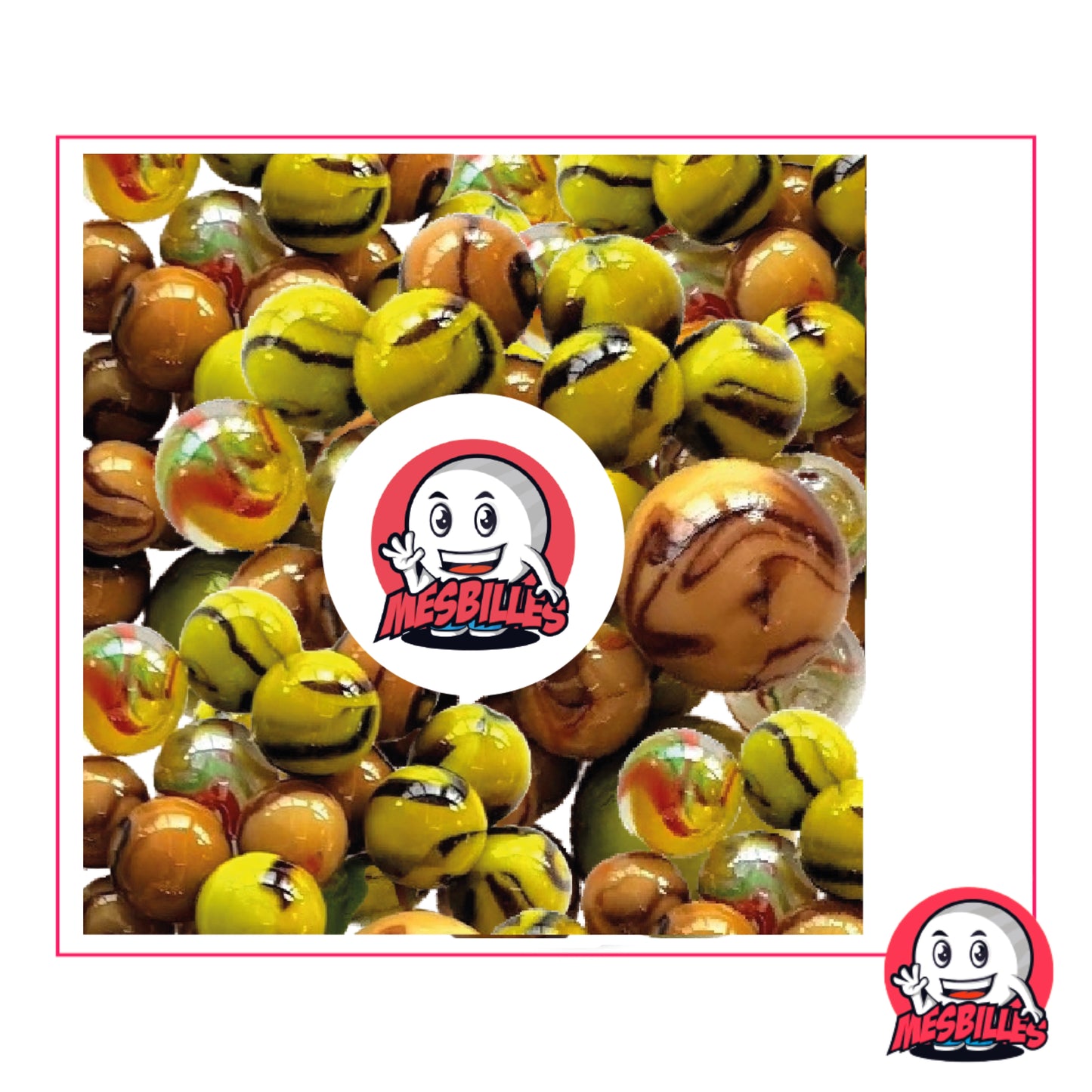 C'est un mélange de petites et grandes Billes en verre Rondes Marron et Vert, certaines sont d'aspect porcelaine, d'autres sont translucides