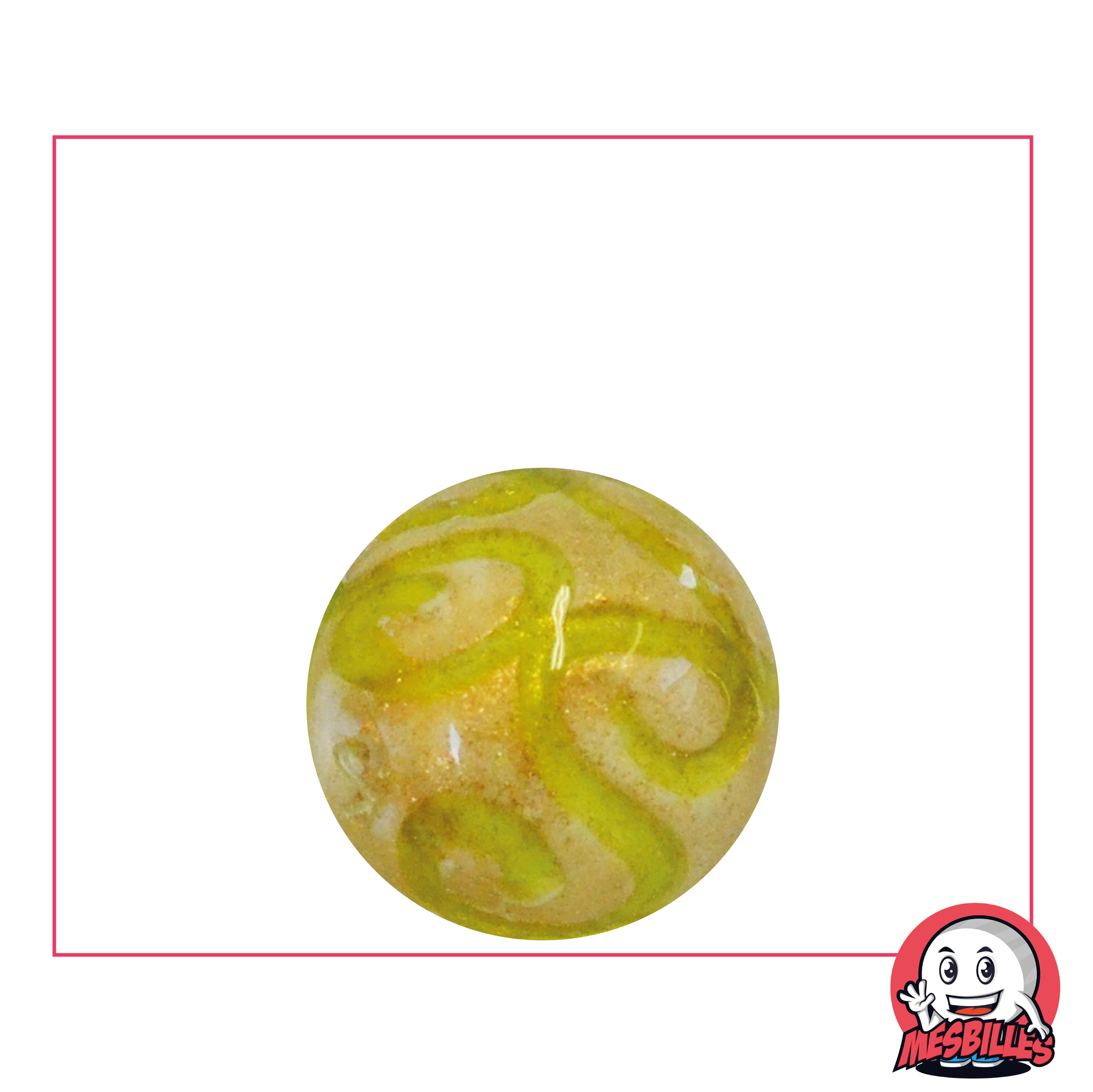 Canica de arte para joyería amarilla de 22 mm, canica de diseño único en blanco con arabescos y purpurina dorada.