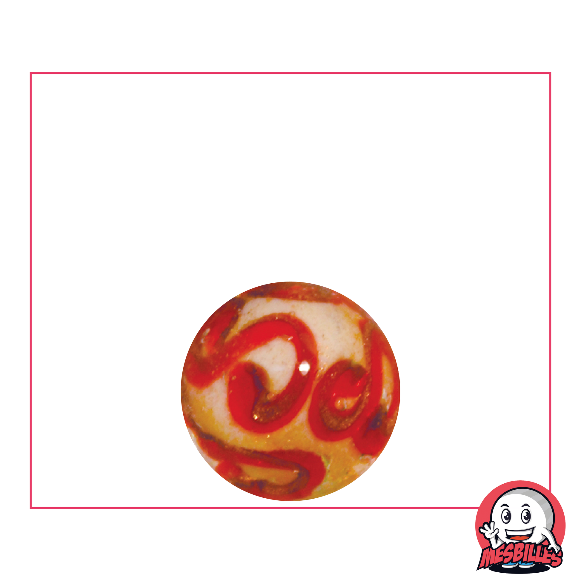 Canica artística de 16 mm, blanca con arabescos rojos y purpurina dorada - edición limitada