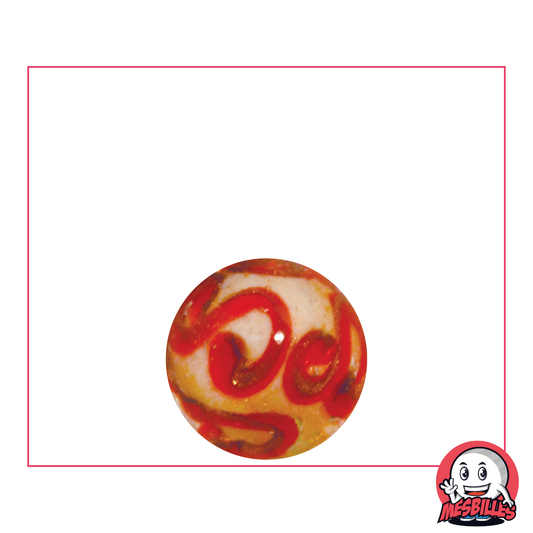 Canica artística de 16 mm, blanca con arabescos rojos y purpurina dorada - edición limitada