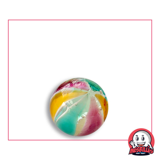 Bille Art Ballon Turquoise Violet 16 mm en verre incolore, fuseaux turquoise laiteux, framboise et miel issus d’un point semé de bulles, vue de trois quarts, 16 mm de diamètre